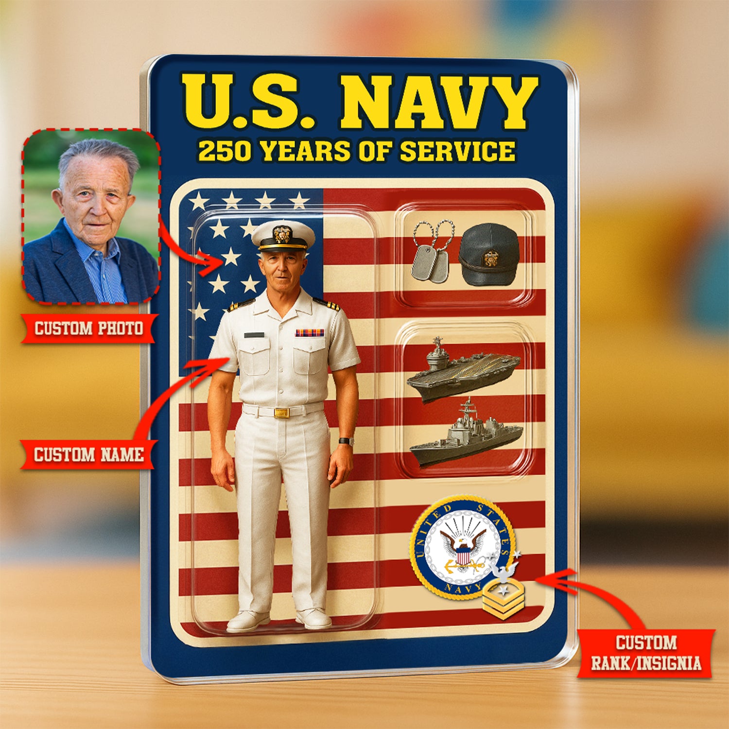 Personalized US Navy 250th Years Of Service Custom Figure Officer Service Uniform Acrylic Block