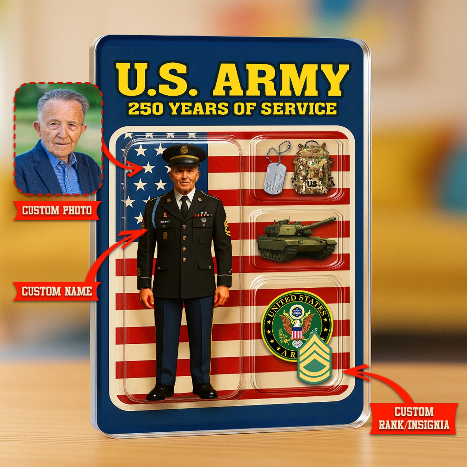 Personalized US Army 250th Years Of Service Custom Figure Male Army Enlisted Service Uniform Acrylic Block