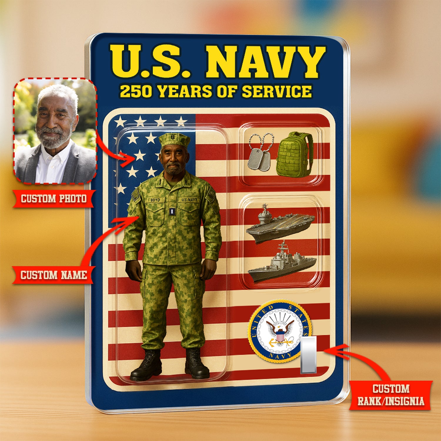 Personalized US Navy 250th Years Of Service Custom Figure Officer Working Uniform Acrylic Block