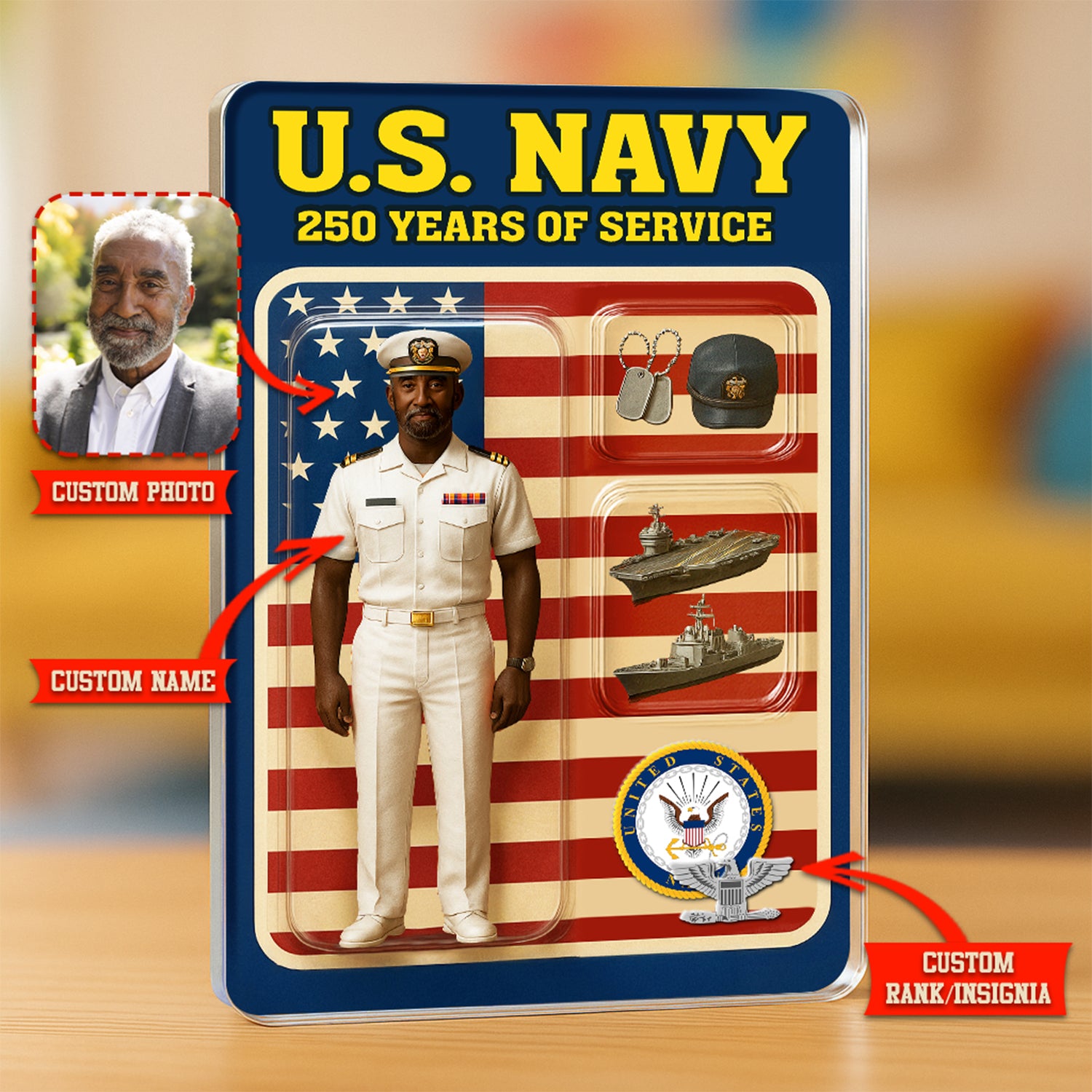 Personalized US Navy 250th Years Of Service Custom Figure Officer Service Uniform Acrylic Block