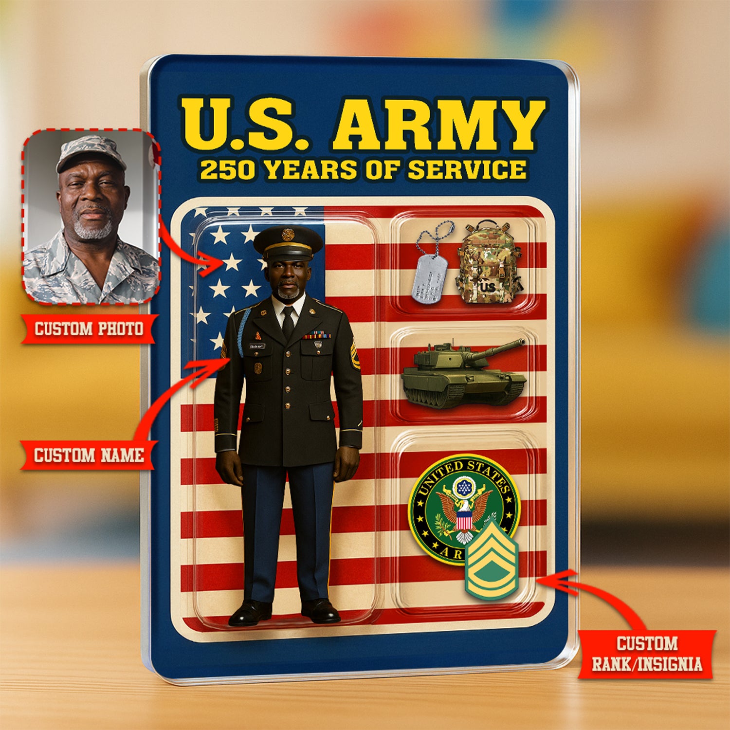 Personalized US Army 250th Years Of Service Custom Figure Male Army Enlisted Service Uniform Acrylic Block