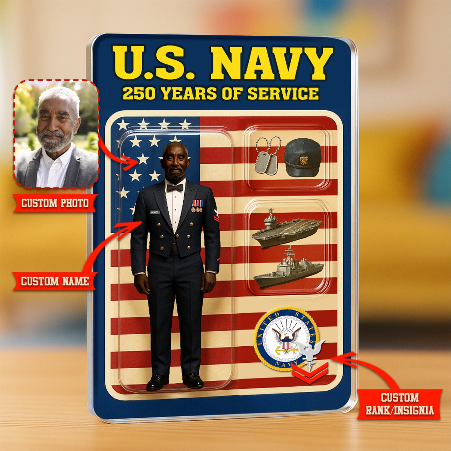 Personalized US Navy 250th Years Of Service Custom Figure Enlisted Ceremonial Uniform Acrylic Block