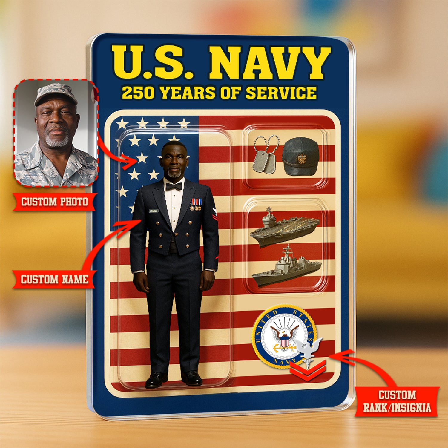 Personalized US Navy 250th Years Of Service Custom Figure Enlisted Ceremonial Uniform Acrylic Block