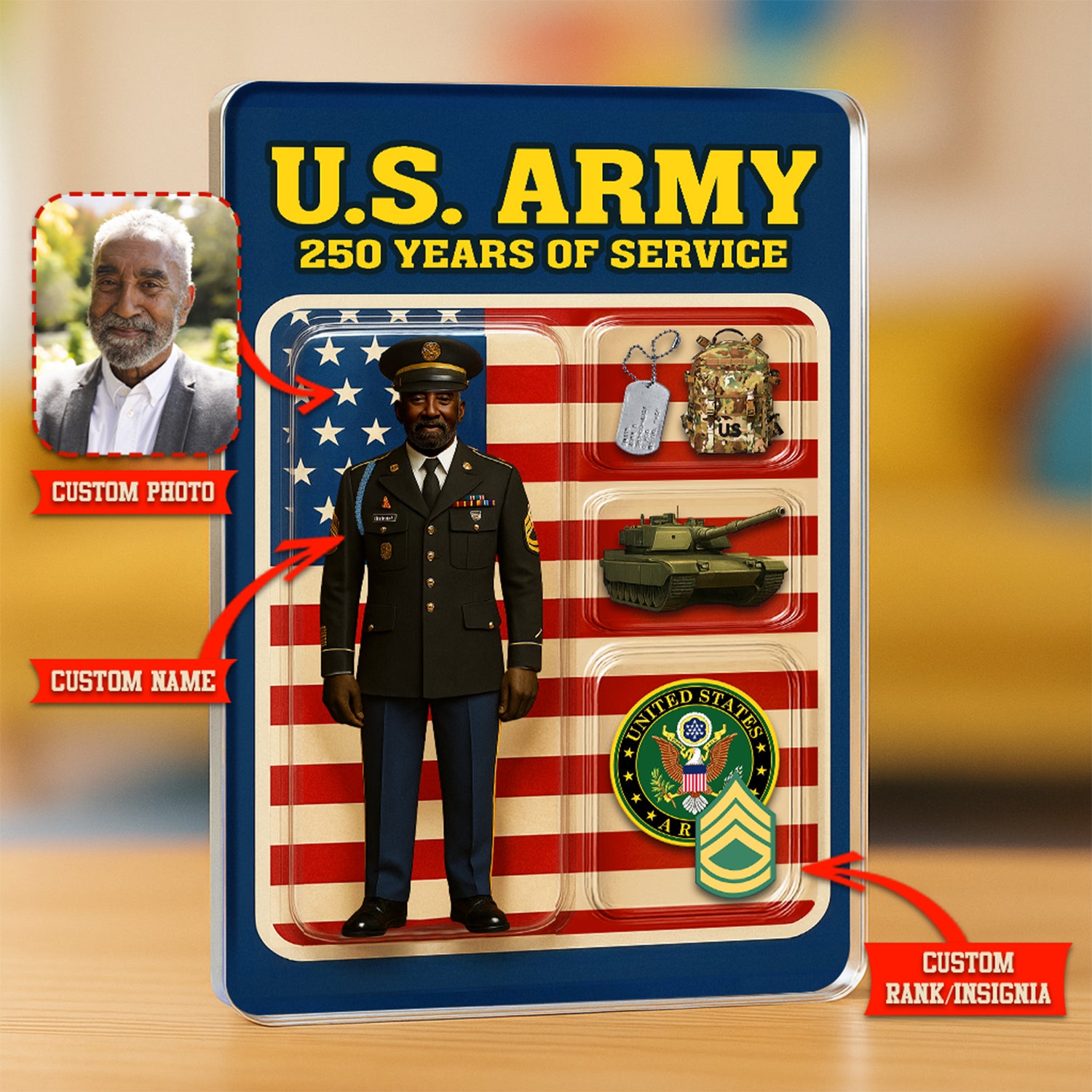 Personalized US Army 250th Years Of Service Custom Figure Male Army Enlisted Service Uniform Acrylic Block