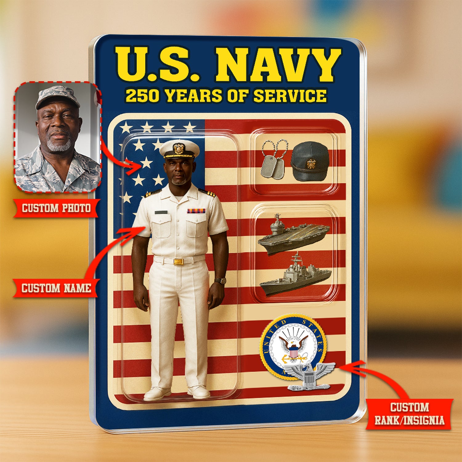 Personalized US Navy 250th Years Of Service Custom Figure Officer Service Uniform Acrylic Block