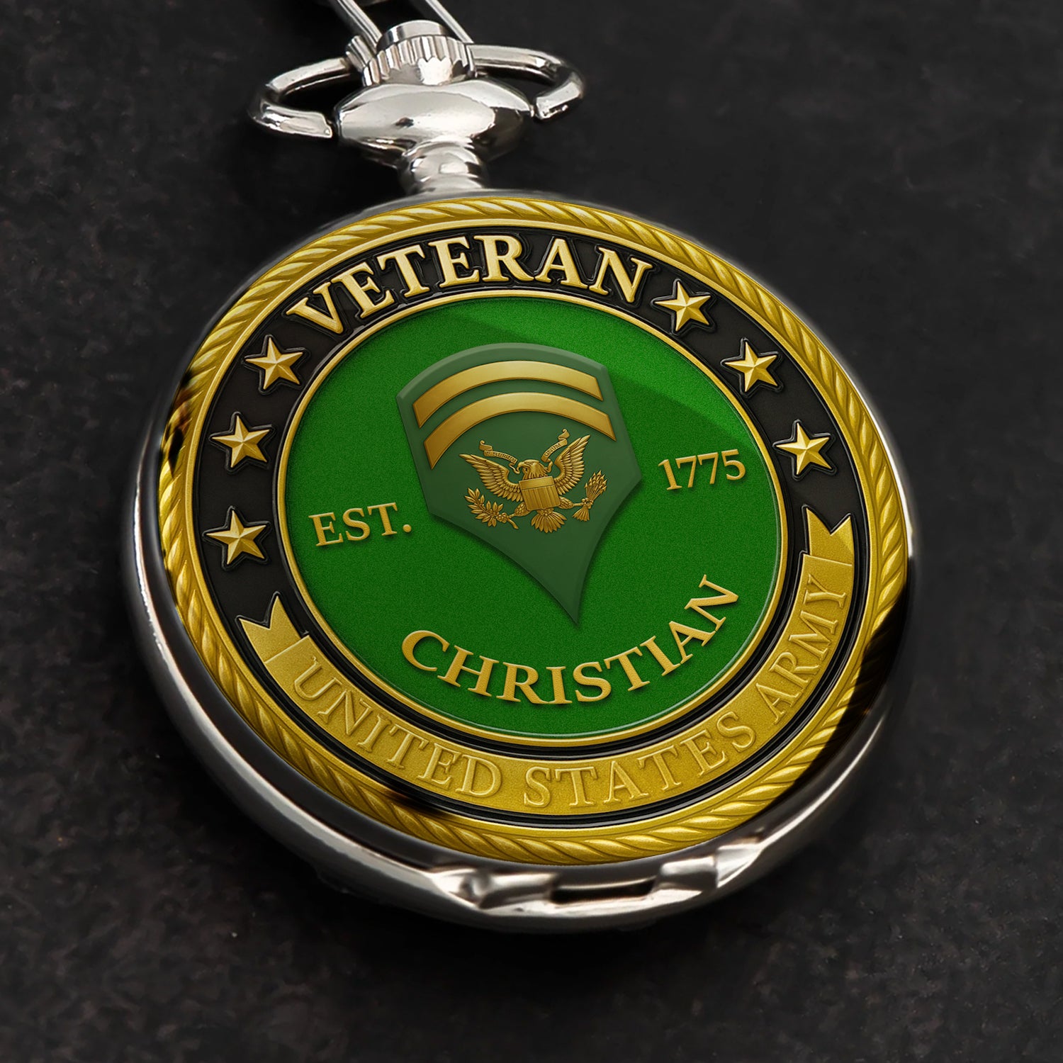 Personalized US Army EST 1775 Custom Ranks/Insignia And Text Round Pocket Watch