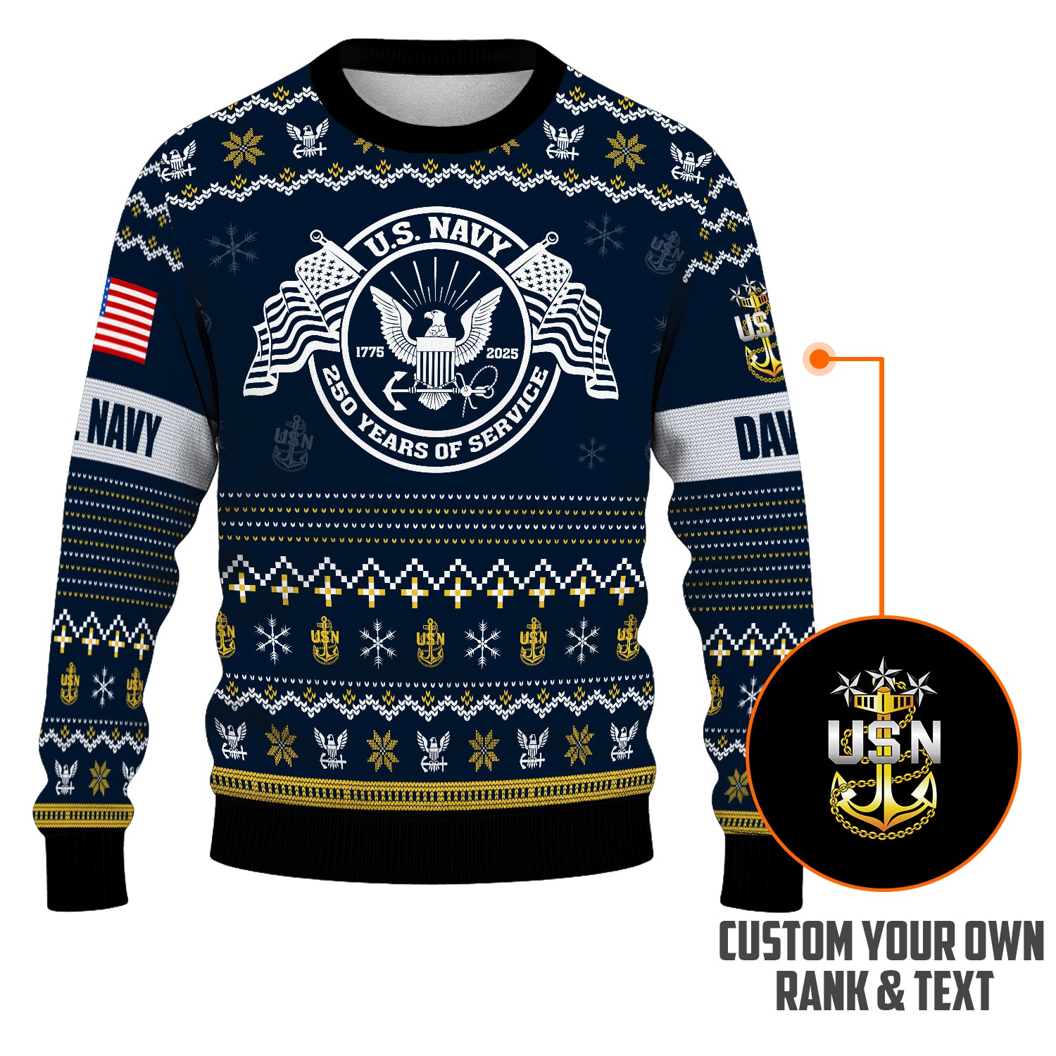 Custom Ranks And Text US Navy Ugly Christmas Sweater for Women Men JUST04