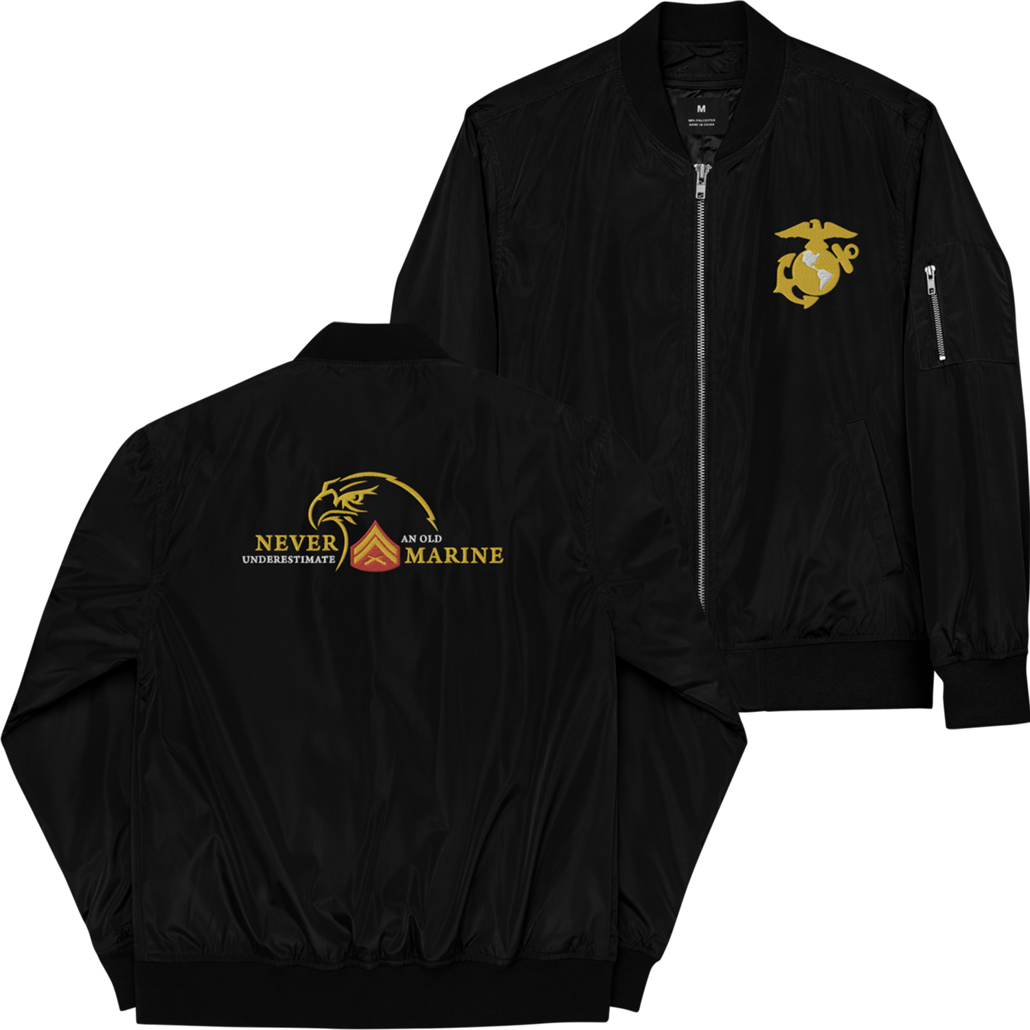 Never Underestimate An Old Marine, Custom MARlNE Ranks, Insignia On Back, Embroidered Recycled Bomber Jacket