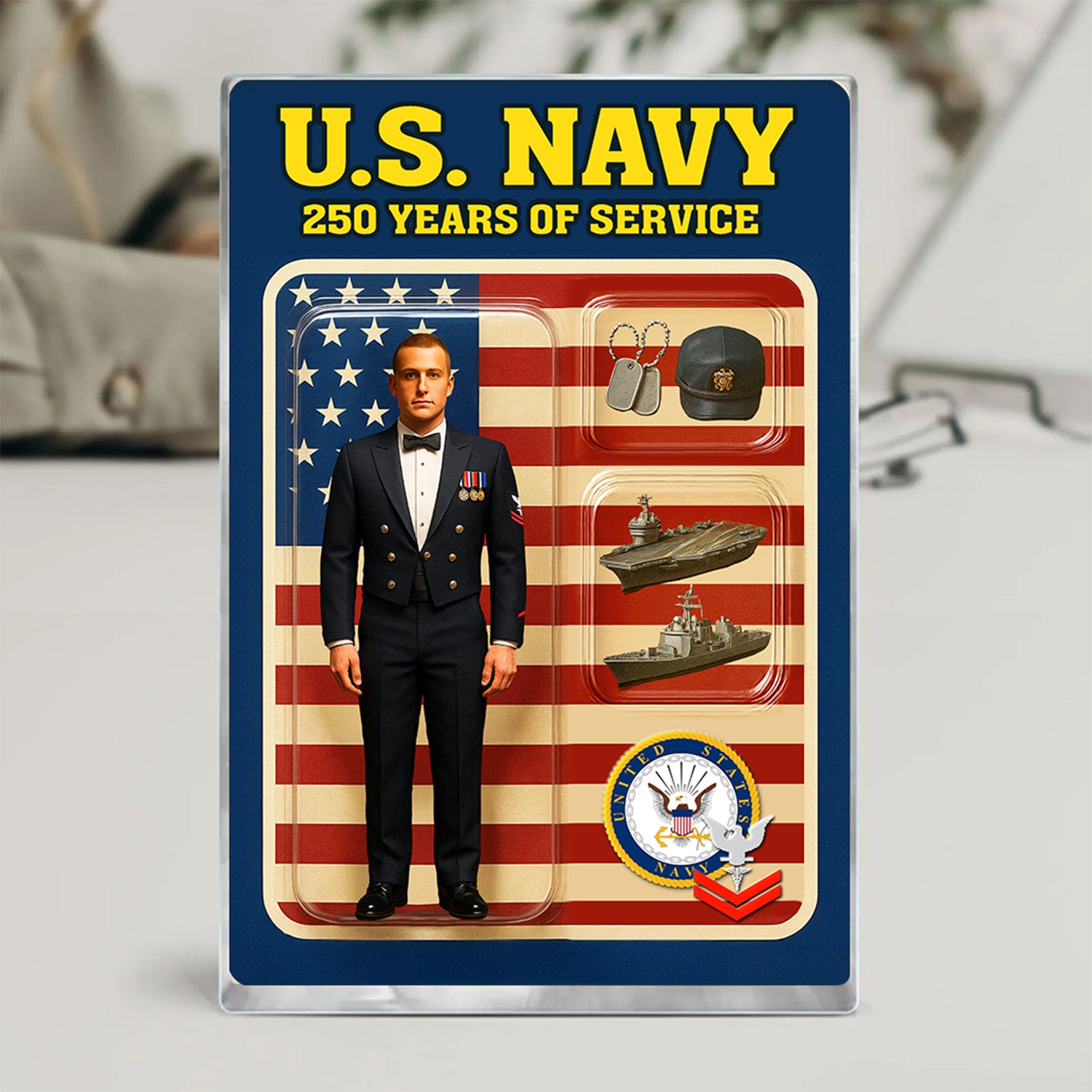 Personalized US Navy 250th Years Of Service Custom Figure Enlisted Ceremonial Uniform Acrylic Block