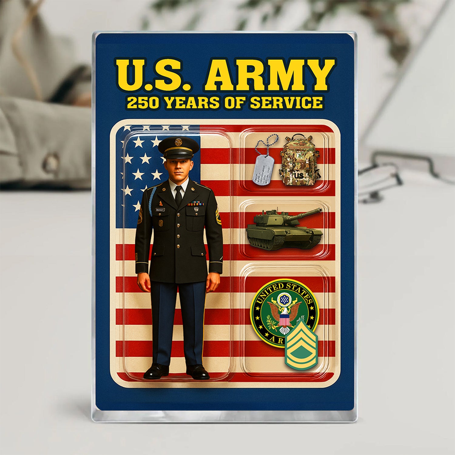 Personalized US Army 250th Years Of Service Custom Figure Male Army Enlisted Service Uniform Acrylic Block