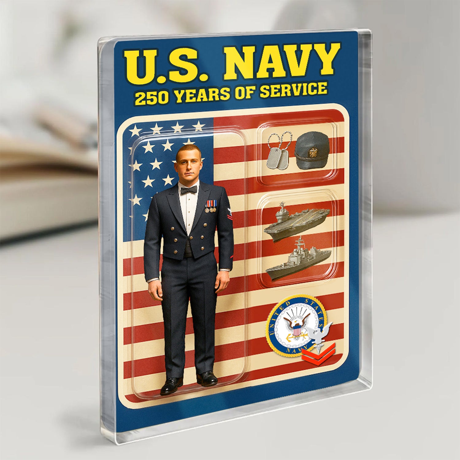 Personalized US Navy 250th Years Of Service Custom Figure Enlisted Dinner Dress Uniform Acrylic Block