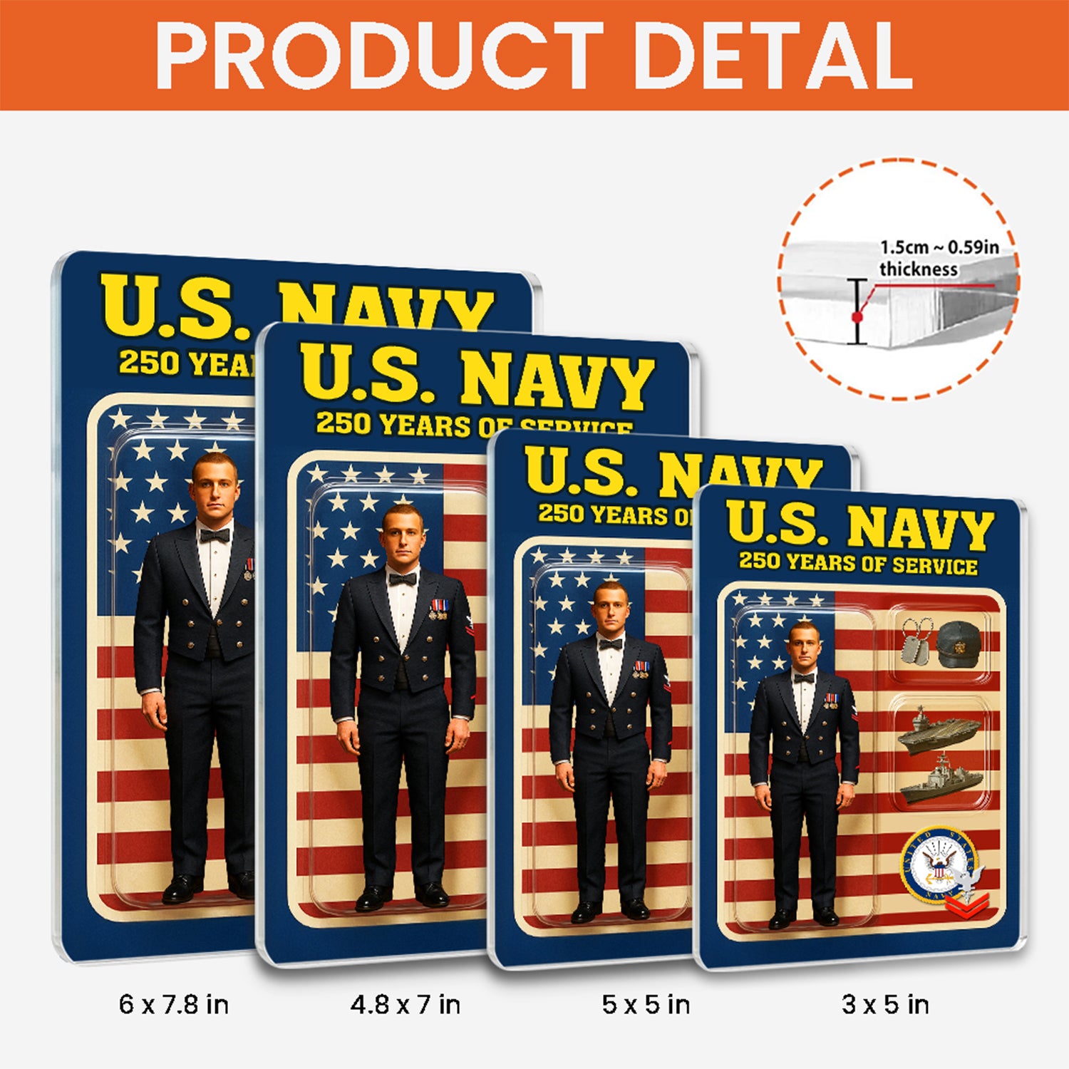 Personalized US Navy 250th Years Of Service Custom Figure Enlisted Dinner Dress Uniform Acrylic Block