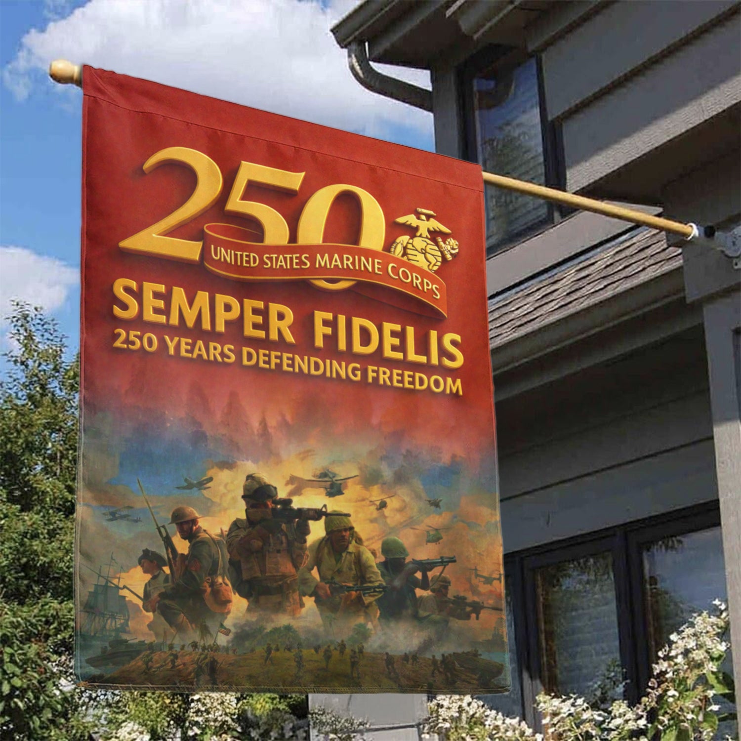 MARlNE Semper Fields 250 Years Defending Freedom House Flag 28" x 40" Twin-Side Printing
