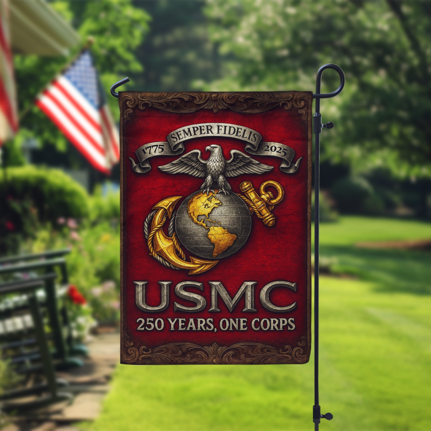 MARlNE 250th Years, One Corps Garden Flag 12" x 18" Twin-Side Printing