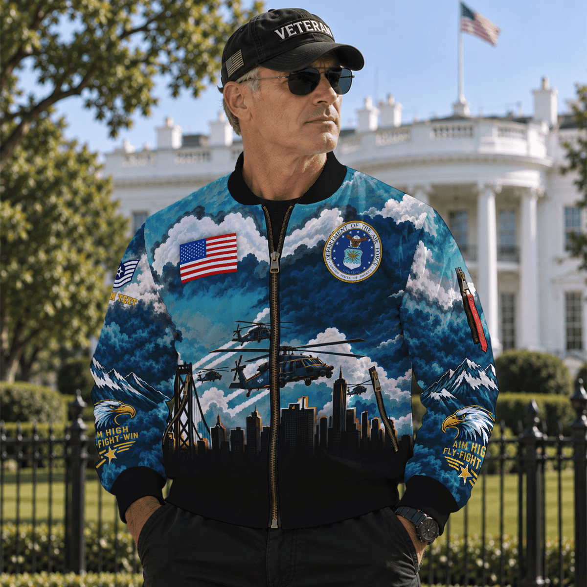 Custom USAF Military Jacket Personalized Airman Rank Text All-Over Print Bomber