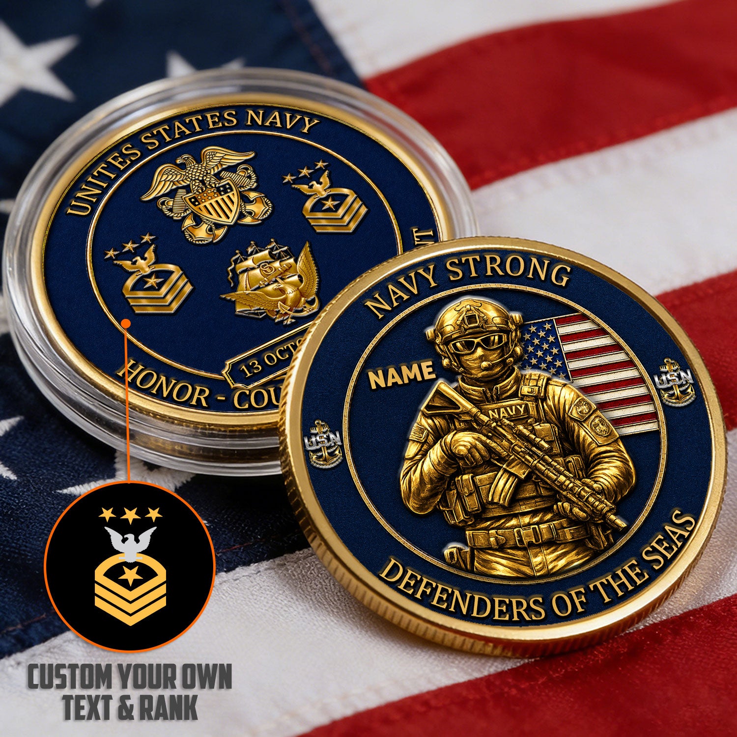 Navy Veteran Custom Rank Message 3D Challenge Coin Gift