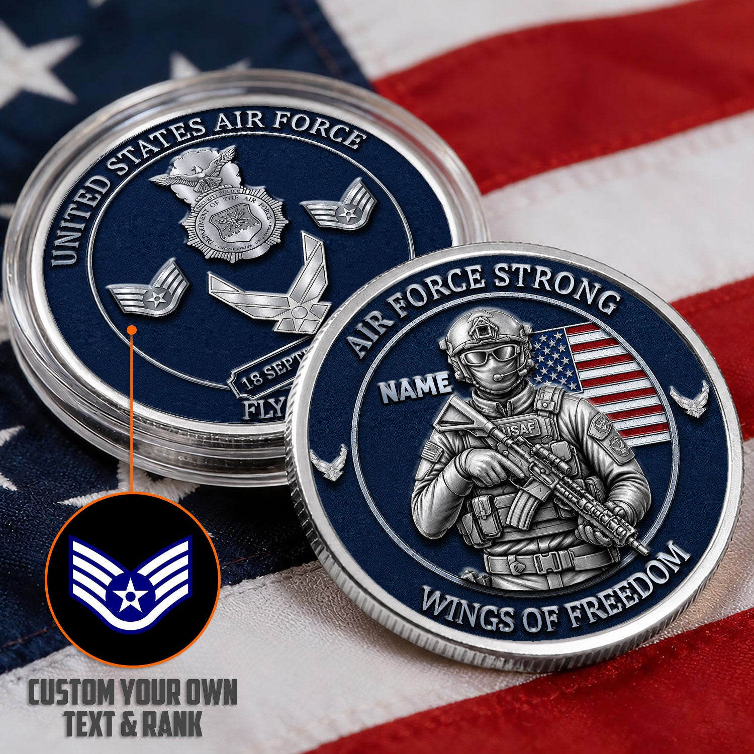 USAF Veteran Custom Name and Rank 3D Challenge Coin Gift