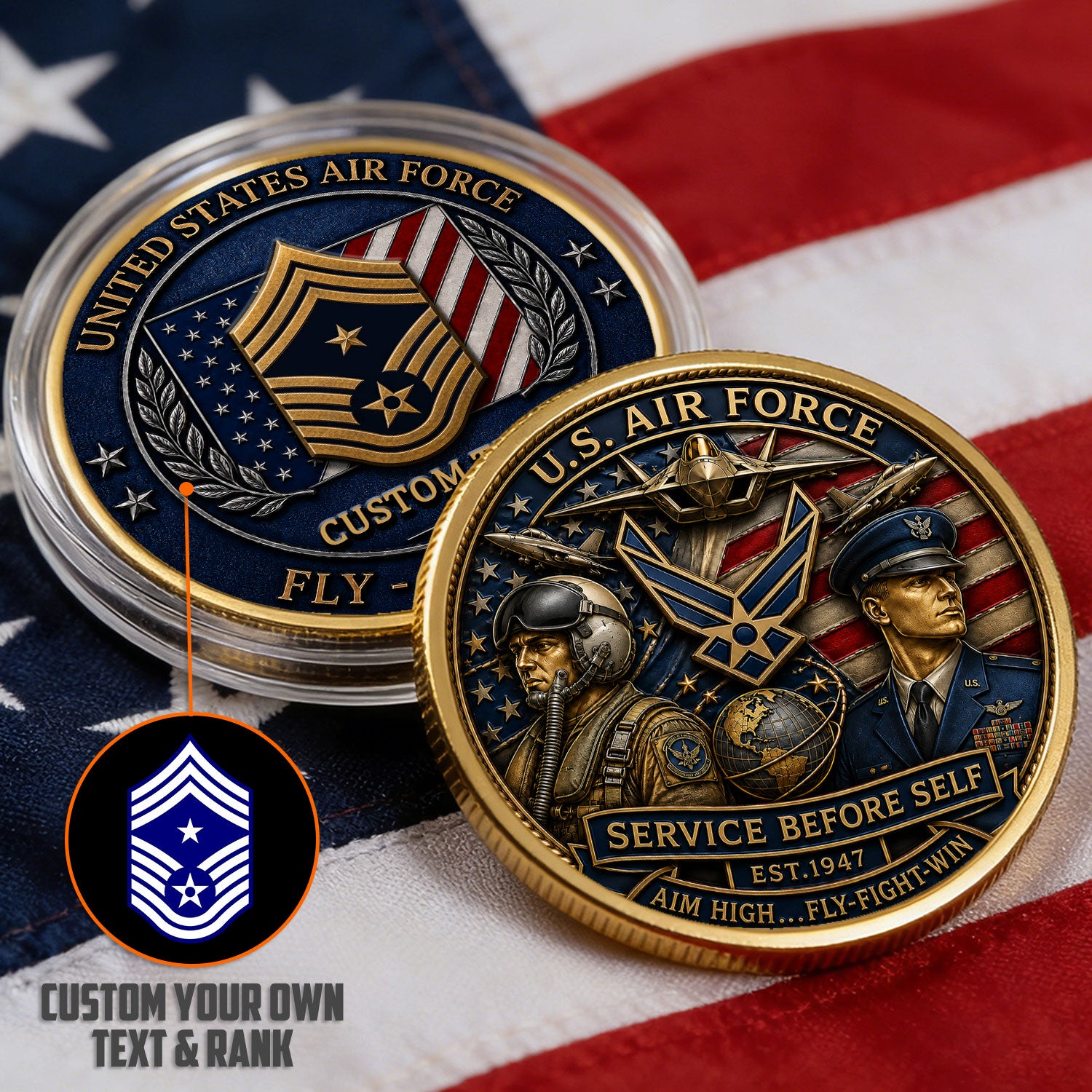 Personalized Air Force Insignia Rank 3D Challenge Coin