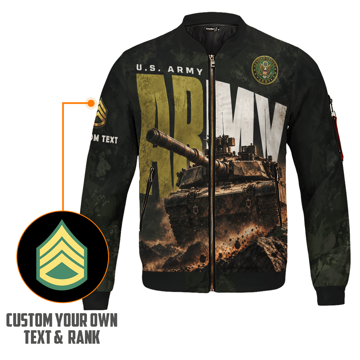 U.S. Army Military Bomber Jacket Custom Rank Name Personalized for Veterans
