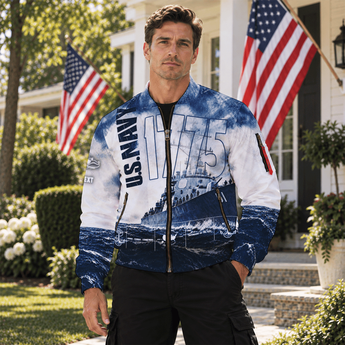 U.S. Navy Veteran Bomber Jacket Custom Military Rank & Text