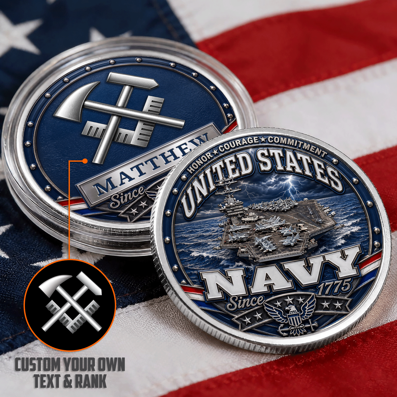 Custom Navy Military Rank Name 3D Challenge Coin Tribute