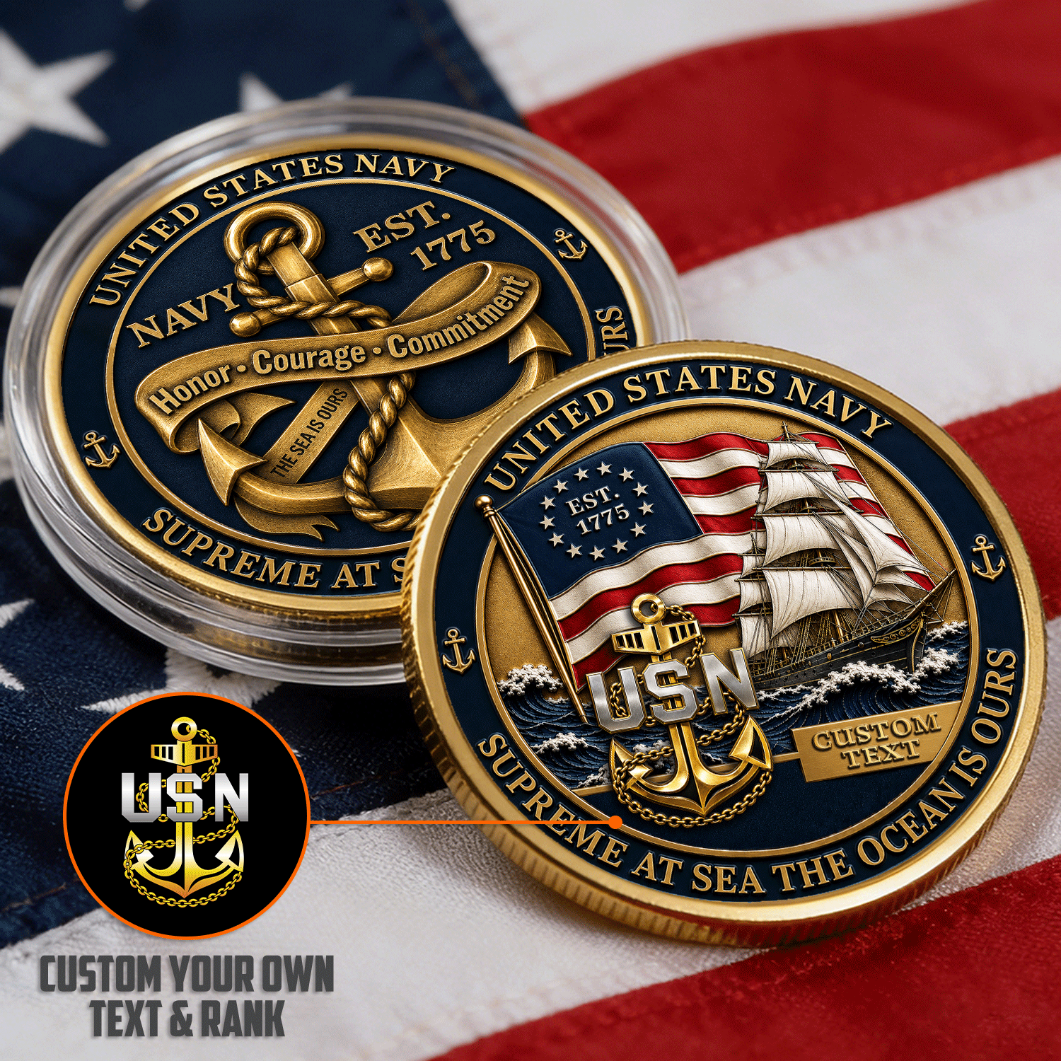 US Navy Personalized Name And Ranks 3D Challenge Coin Gift