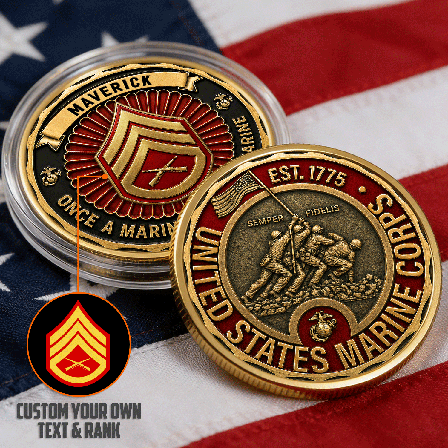 Personalized USMC Rank Tribute 3D Challenge Coin