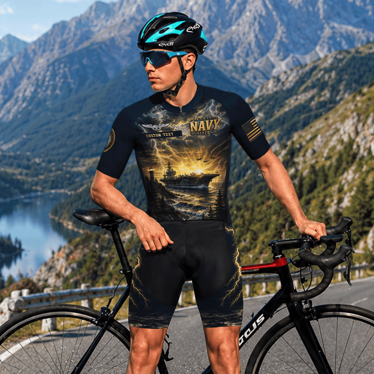 Custom Navy Cycling Jersey Personalized Veteran Name Rank Cycling Shirt