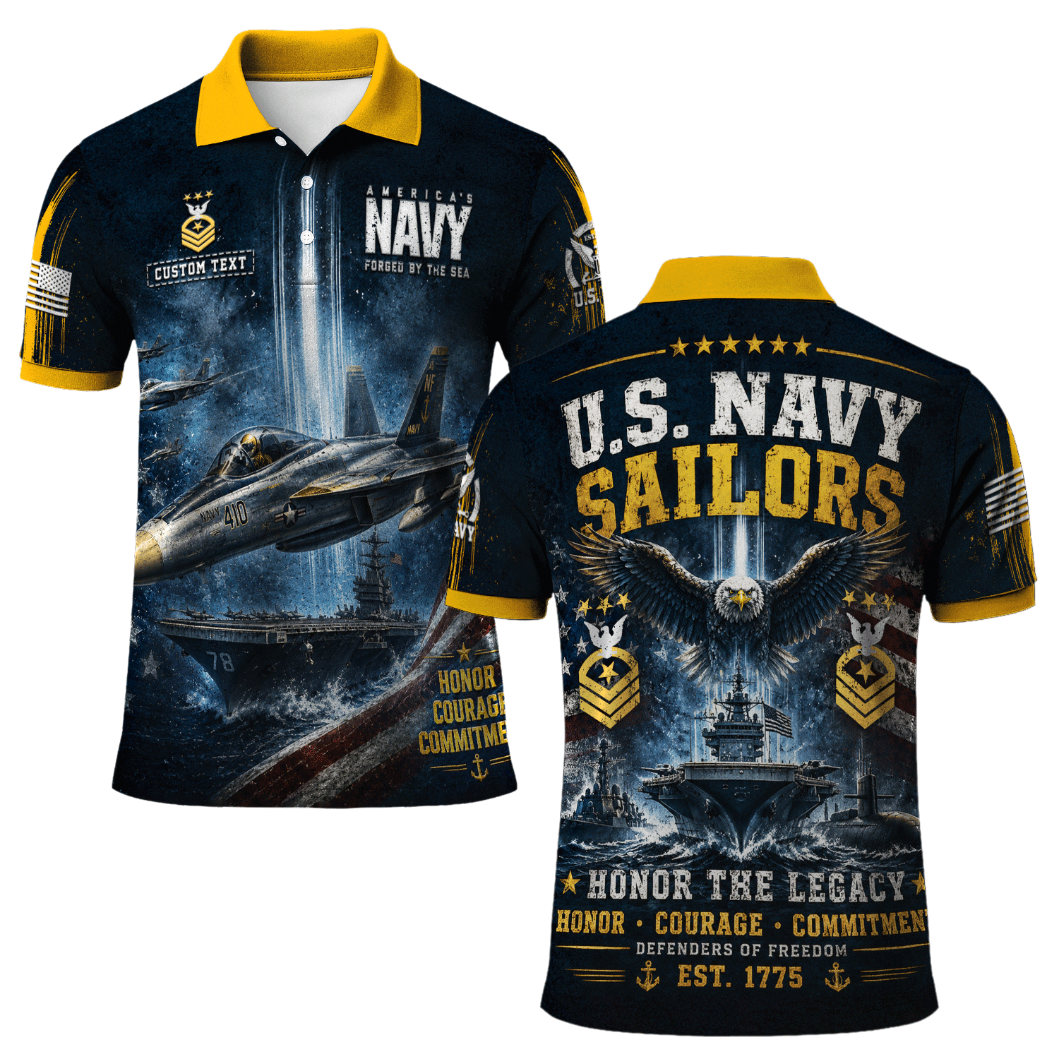 Custom US Navy Name Rank 3D Polo Shirt for Veterans