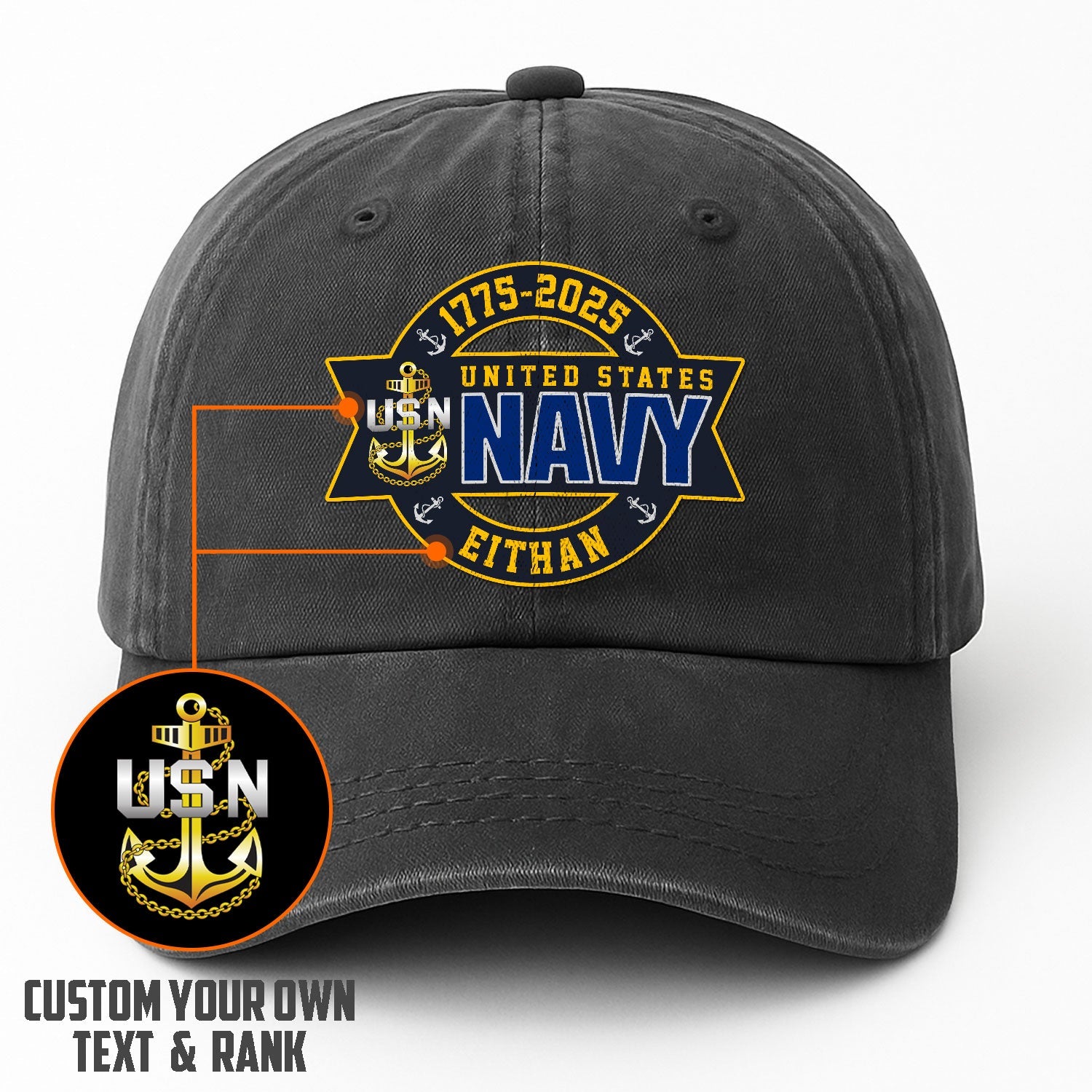 Custom Ranks & Text US Navy Premium Washed Denim Cap DC003