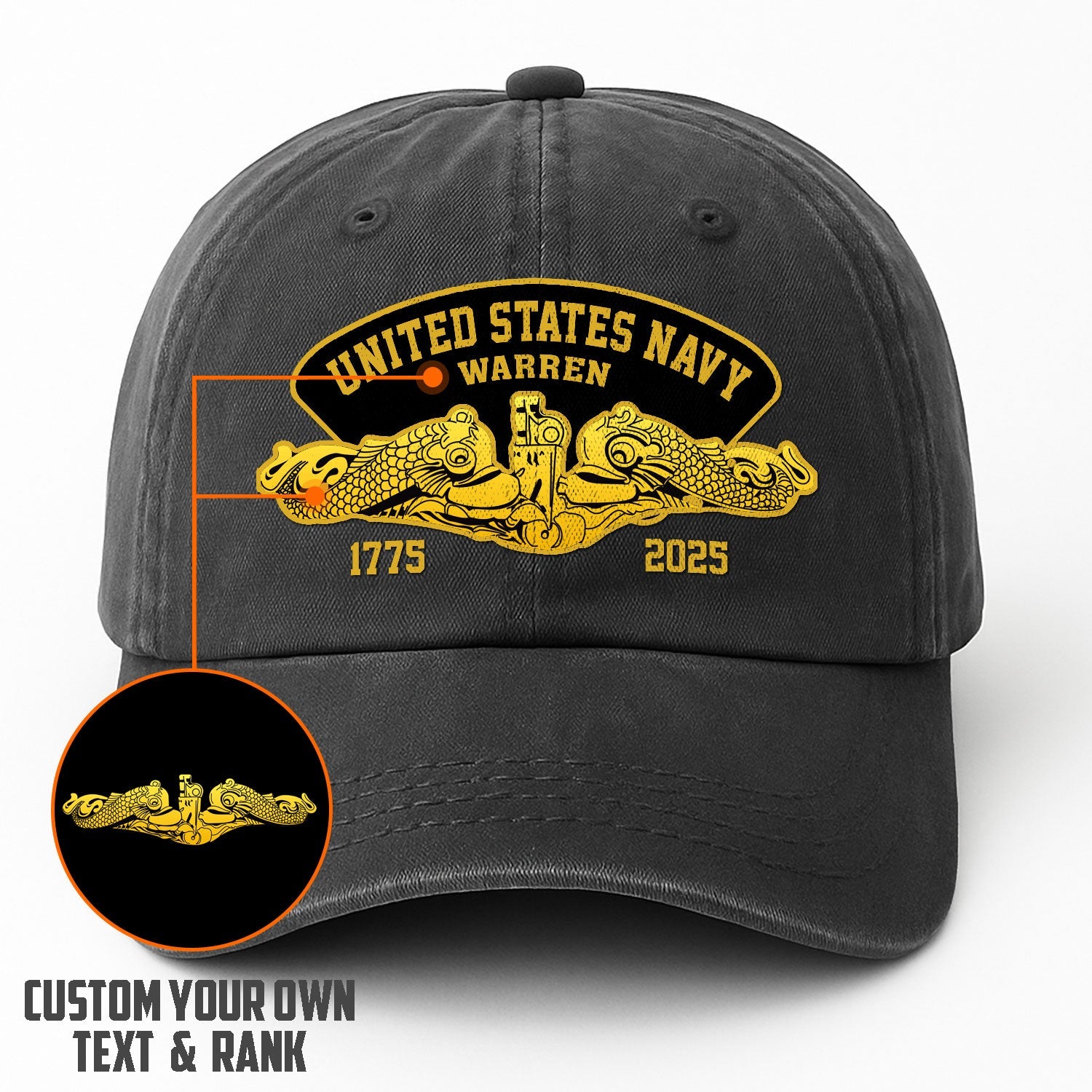 Custom Ranks & Text US Navy Premium Washed Denim Cap DC004