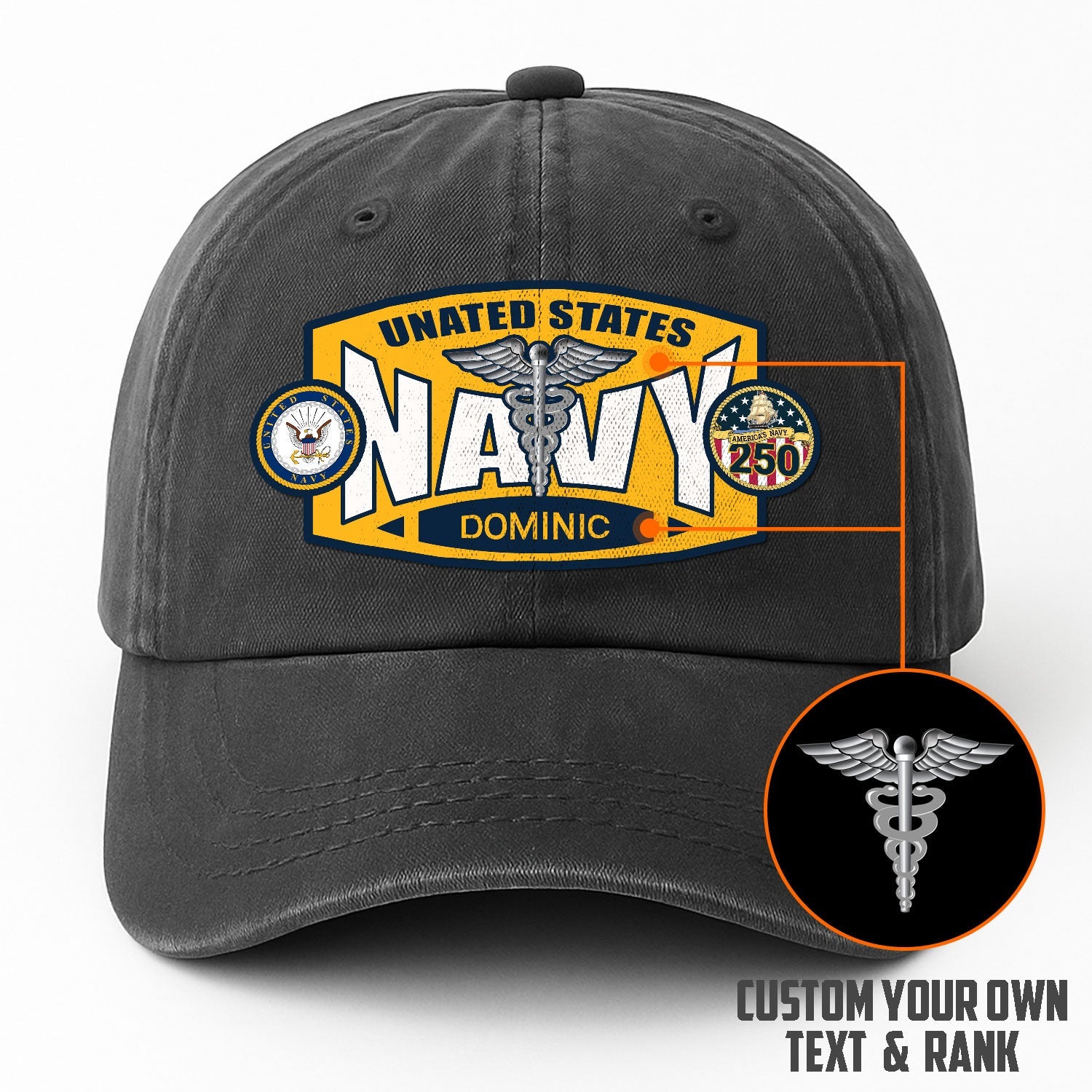 Custom Ranks & Text US Navy Premium Washed Denim Cap DC006