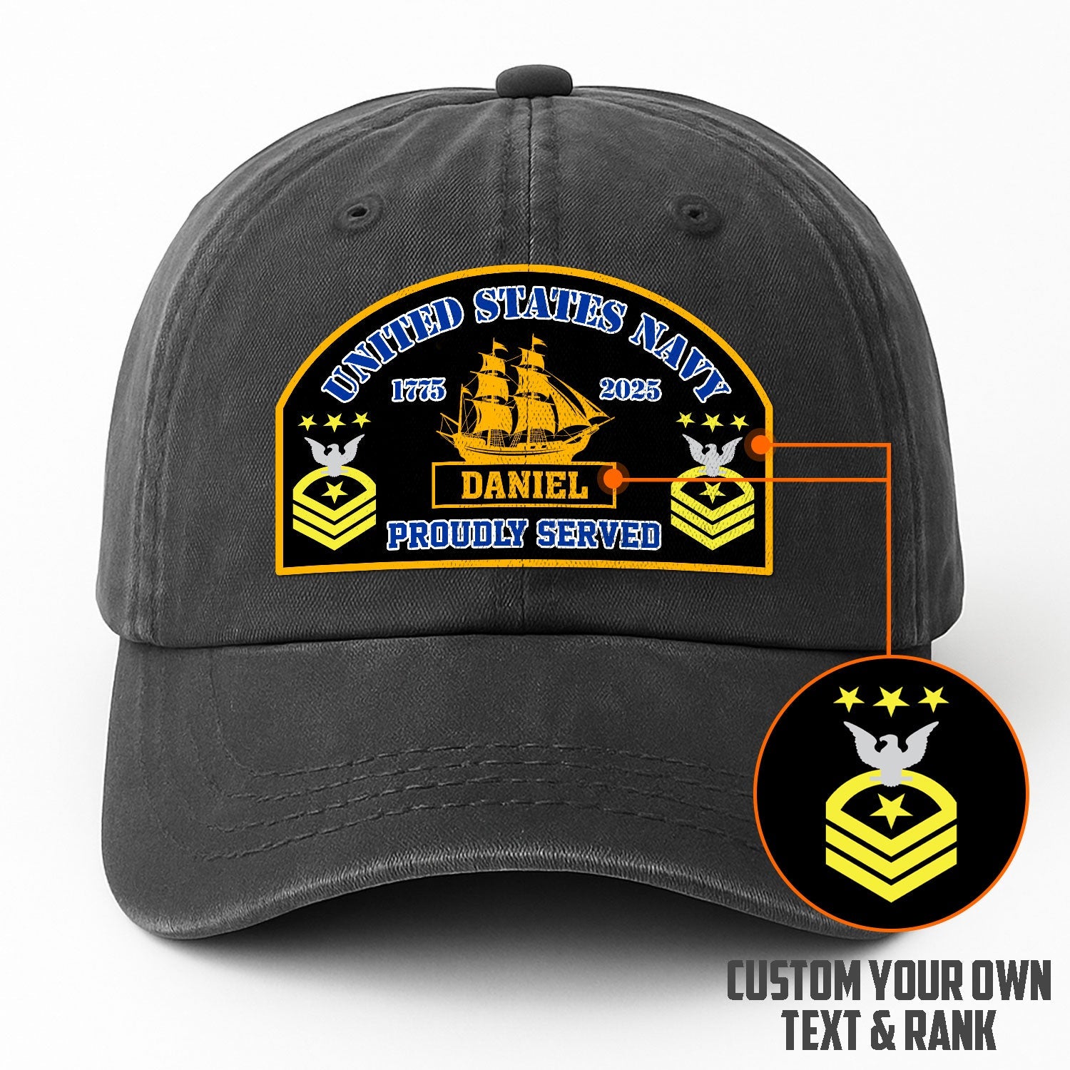 Custom Ranks & Text US Navy Premium Washed Denim Cap DC007