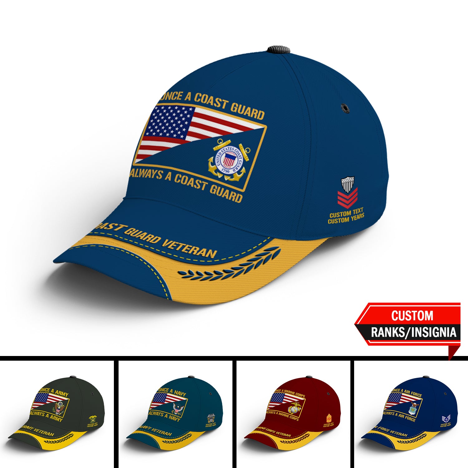 Custom Ranks/Insignia, Personalized Name And Years Served All Over Prints Premium Classic Cap JAOVC21