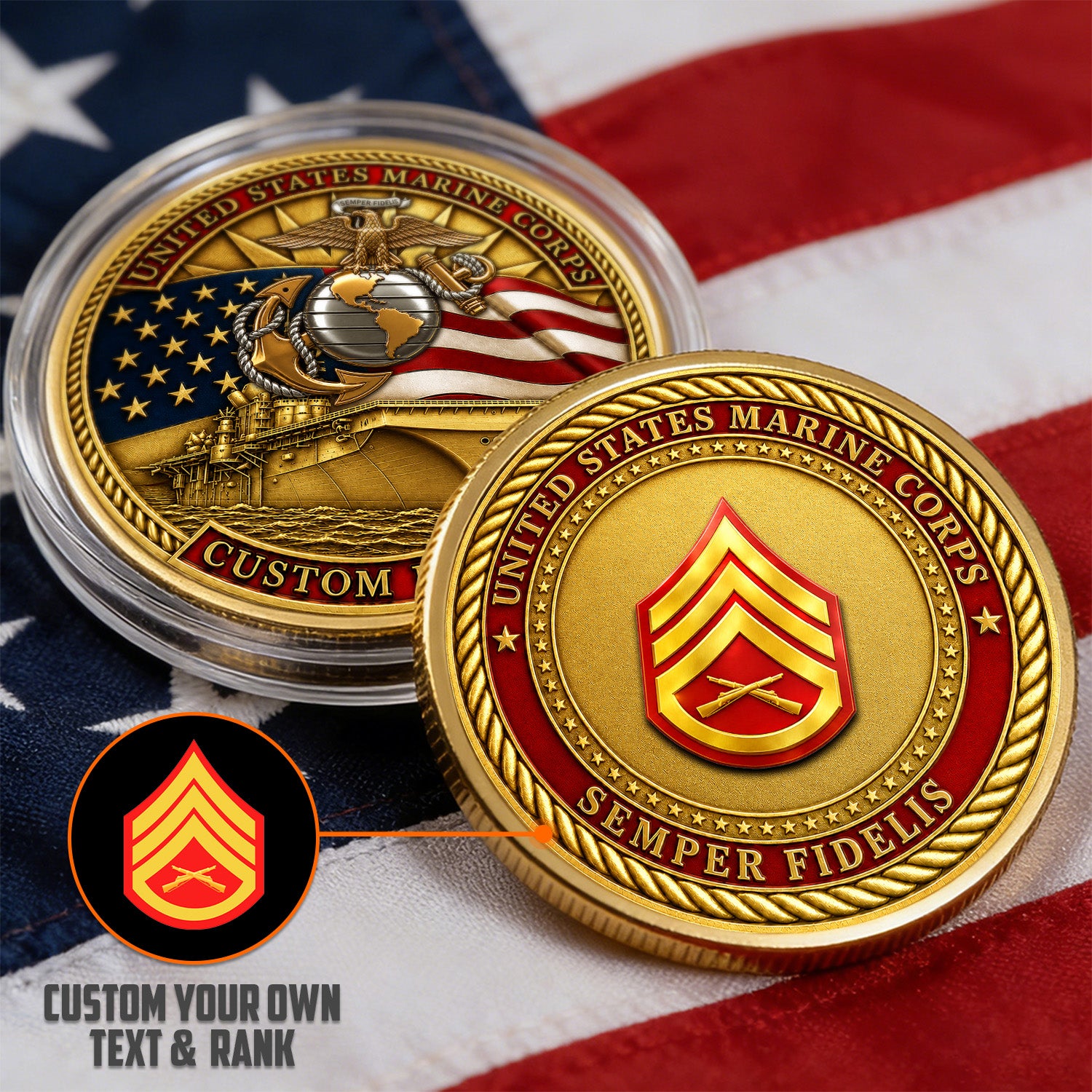 Custom USMC Enlisted Rank Text 3D Challenge Coin Gift