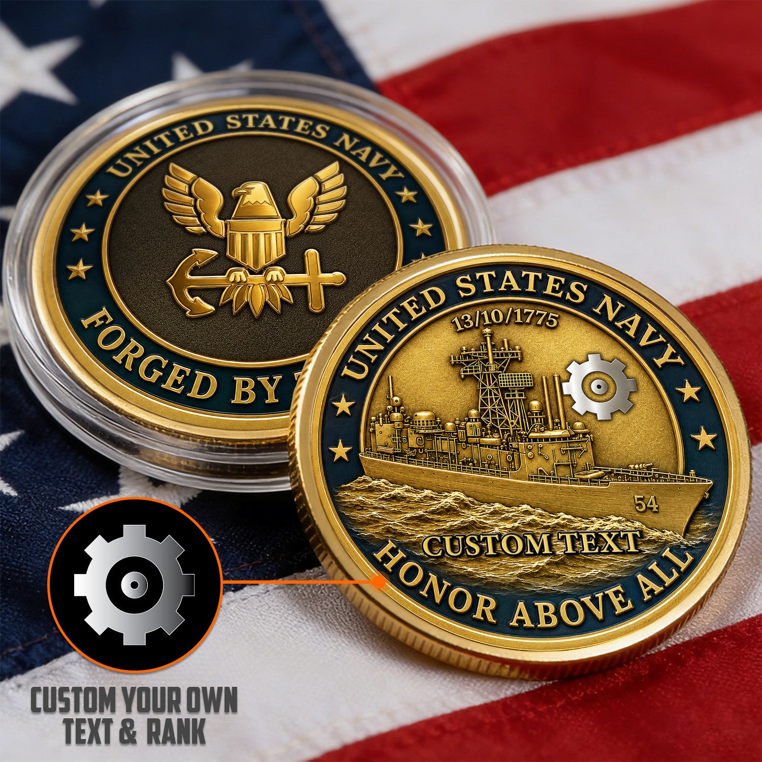 Custom US Navy Career Rank Text 3D Challenge Coin
