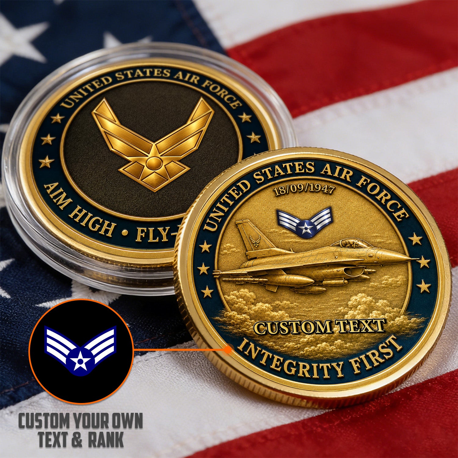 Personalized USAF Career Rank Text 3D Challenge Coin