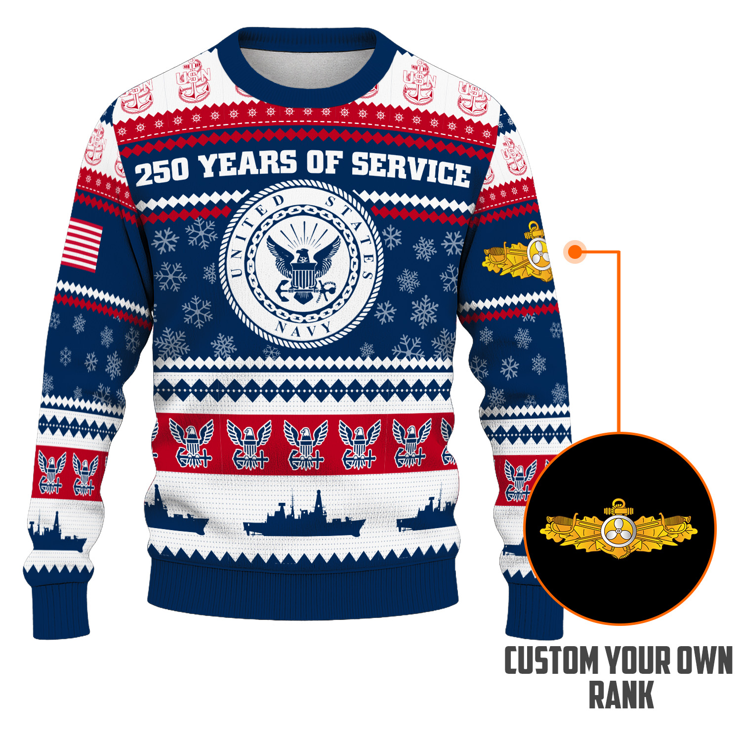 Custom Ranks US Navy Ugly Christmas Sweater for Women Men KRUST03