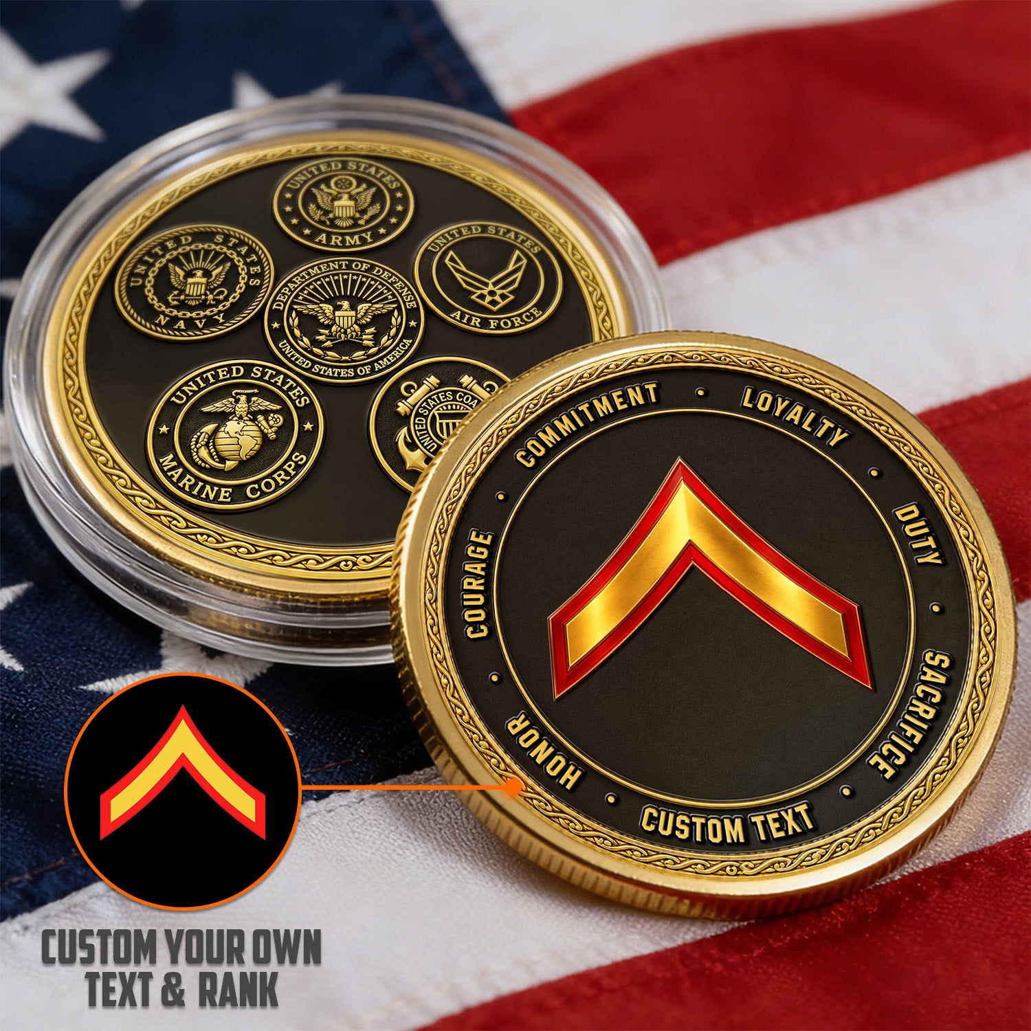 Custom USMC Marine Rank and Service Text 3D Challenge Coin