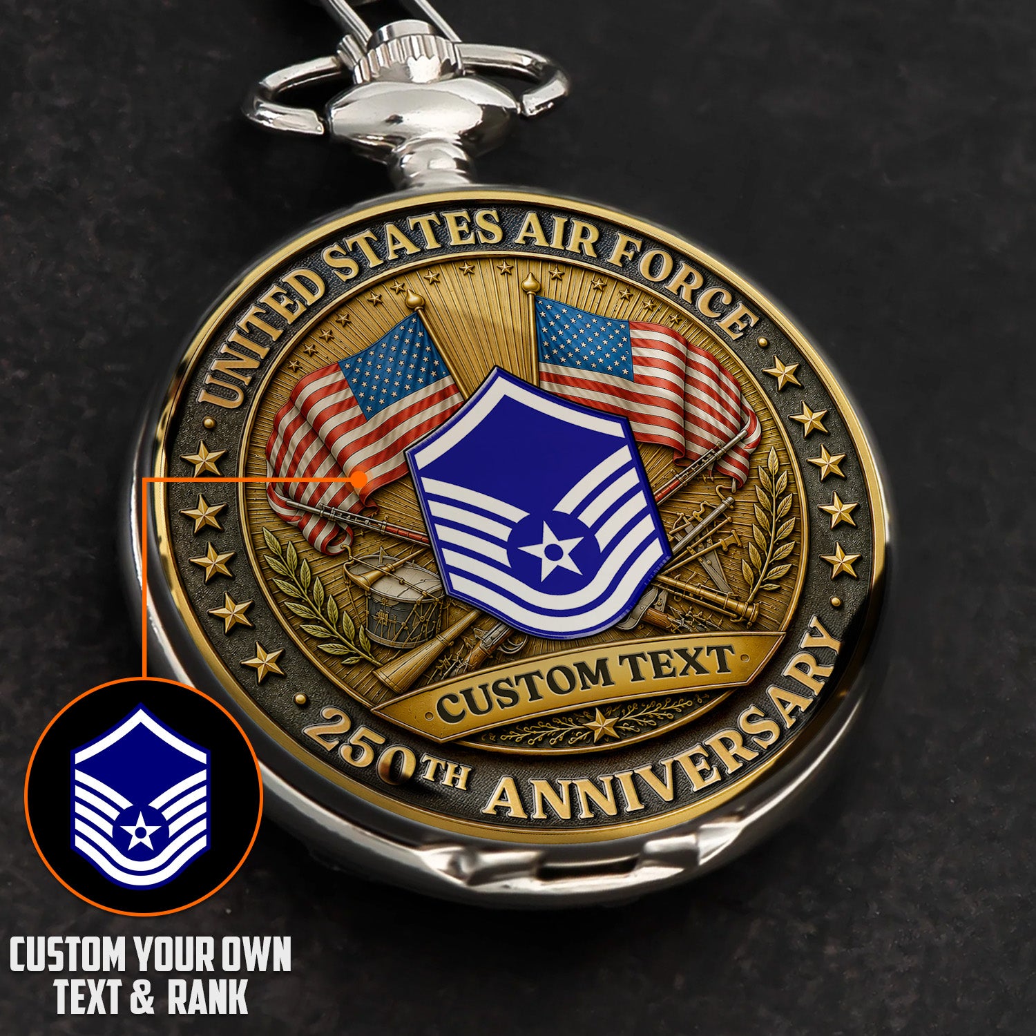 US Air Force Pocket Watch Personalized Text and Rank