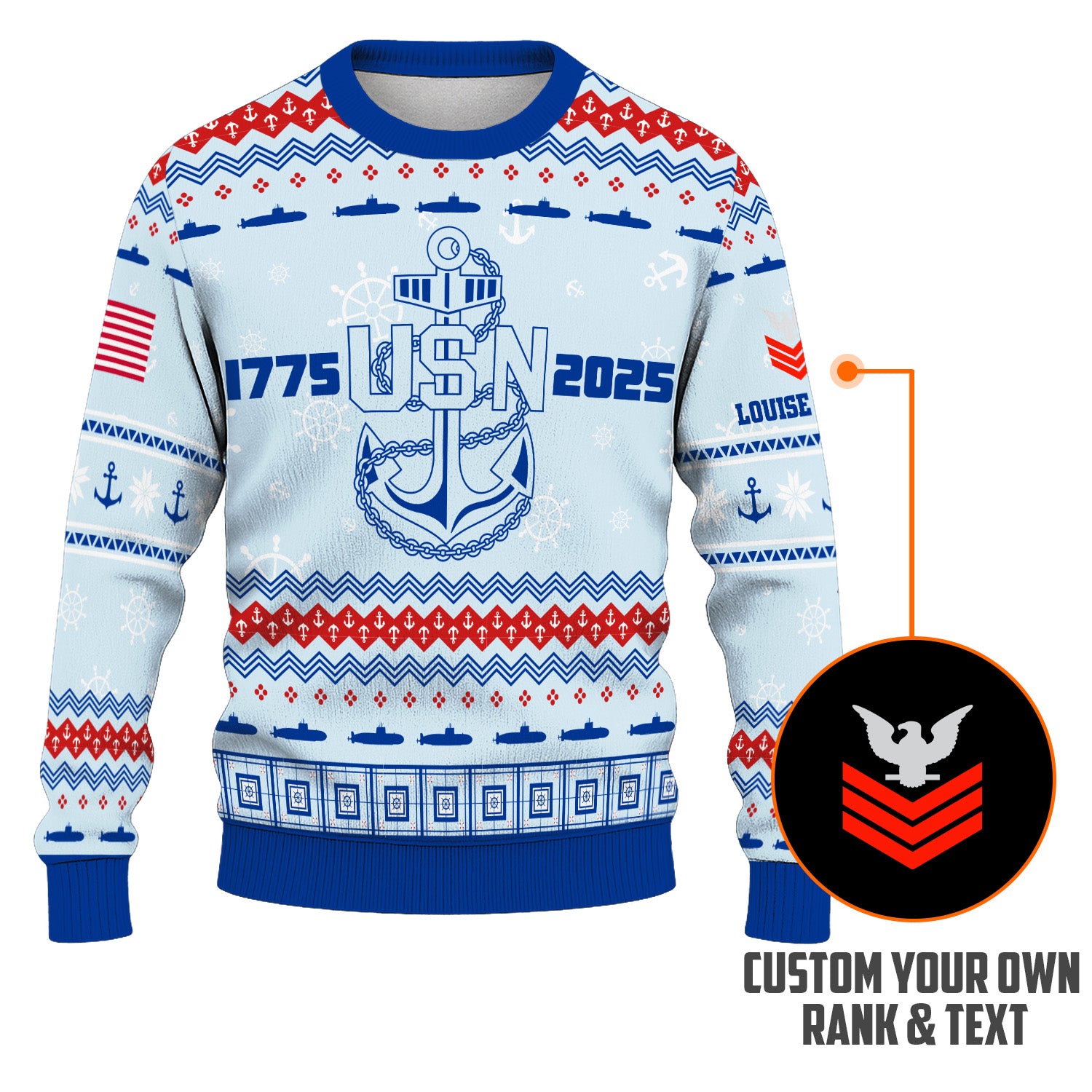 Custom Ranks And Text US Navy Ugly Christmas Sweater for Women Men KRUST02