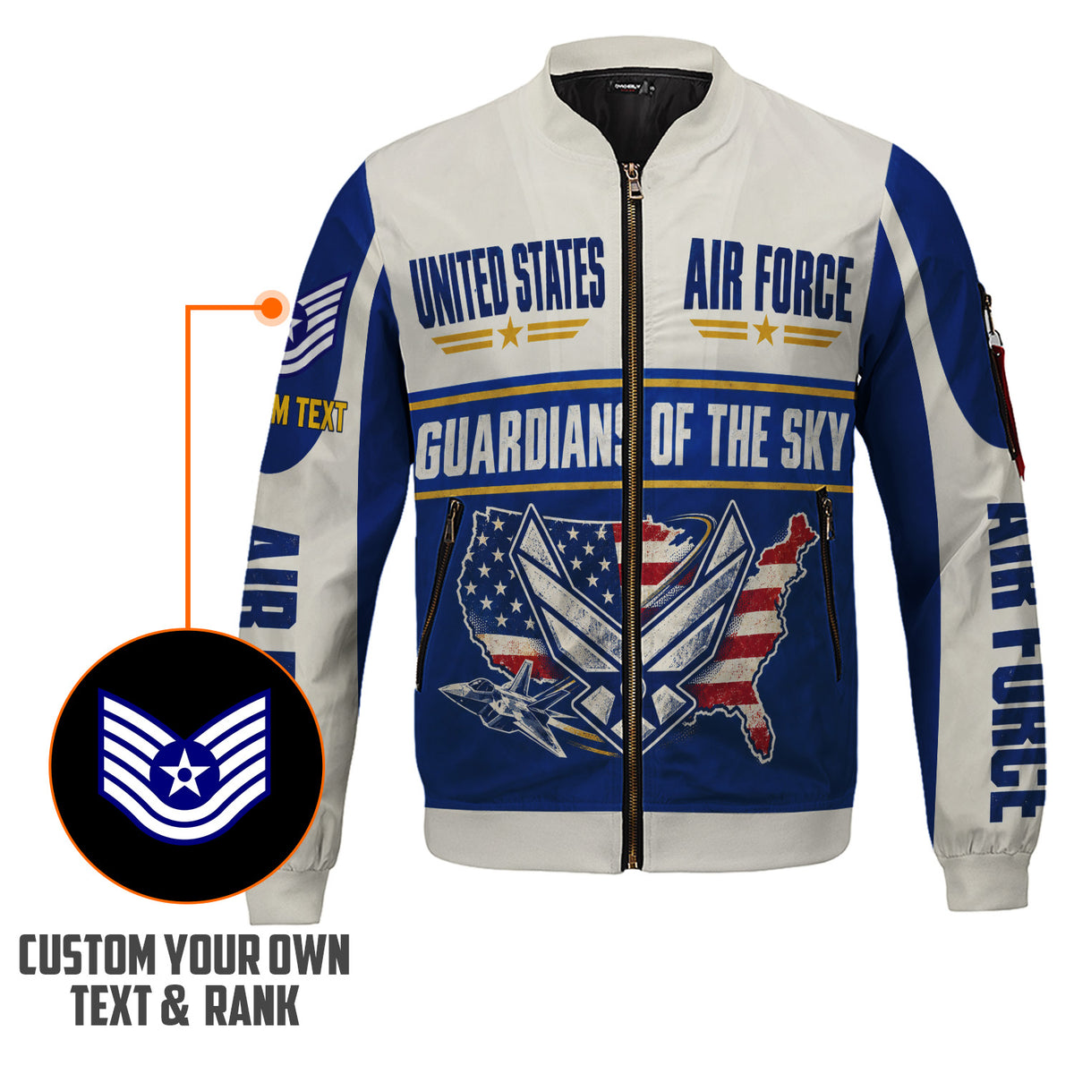 Personalized USAF Airman Bomber Jacket Custom Rank Text Military Veteran Gift