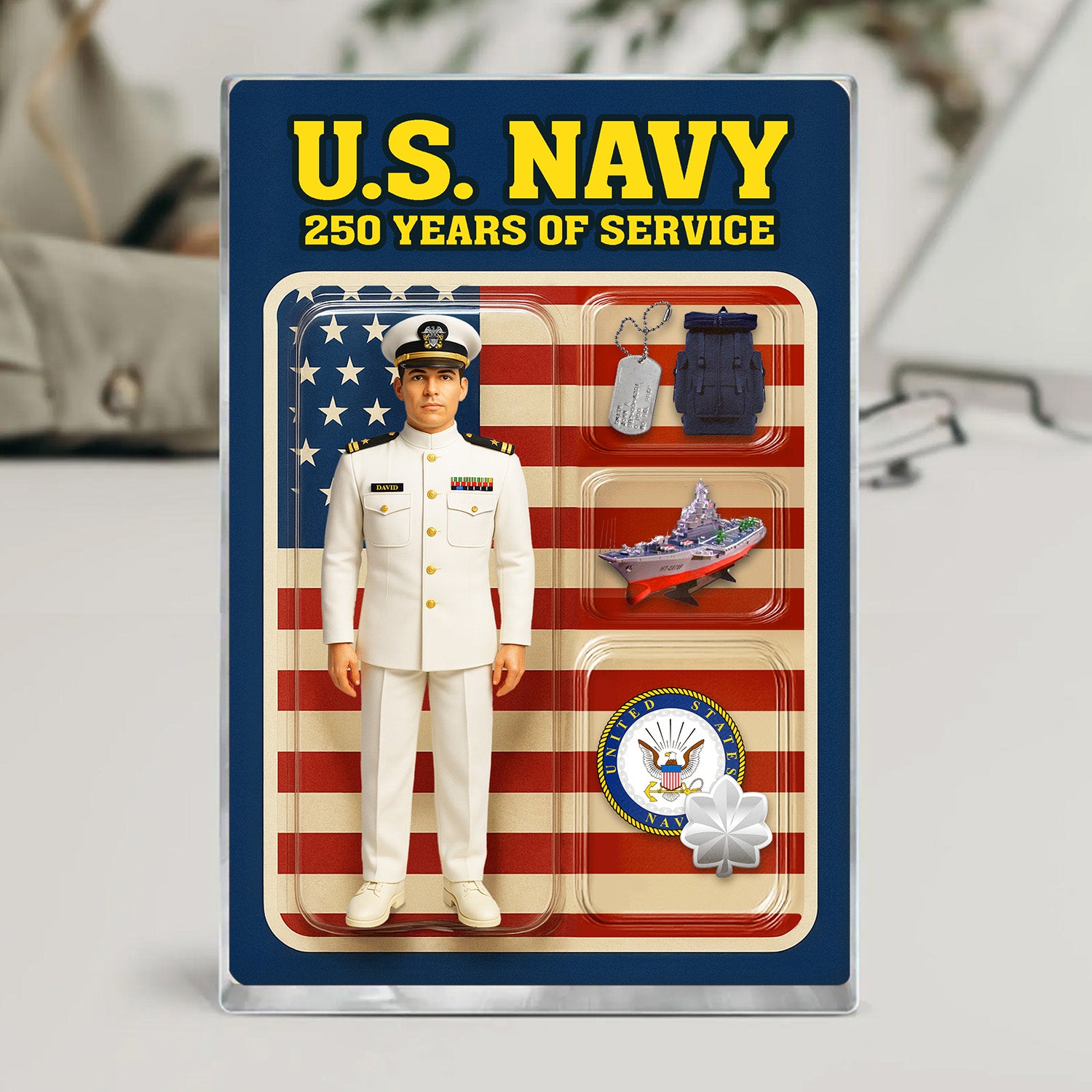 Personalized US Navy 250th Years Of Service Custom Figure Service Dress White Acrylic Block