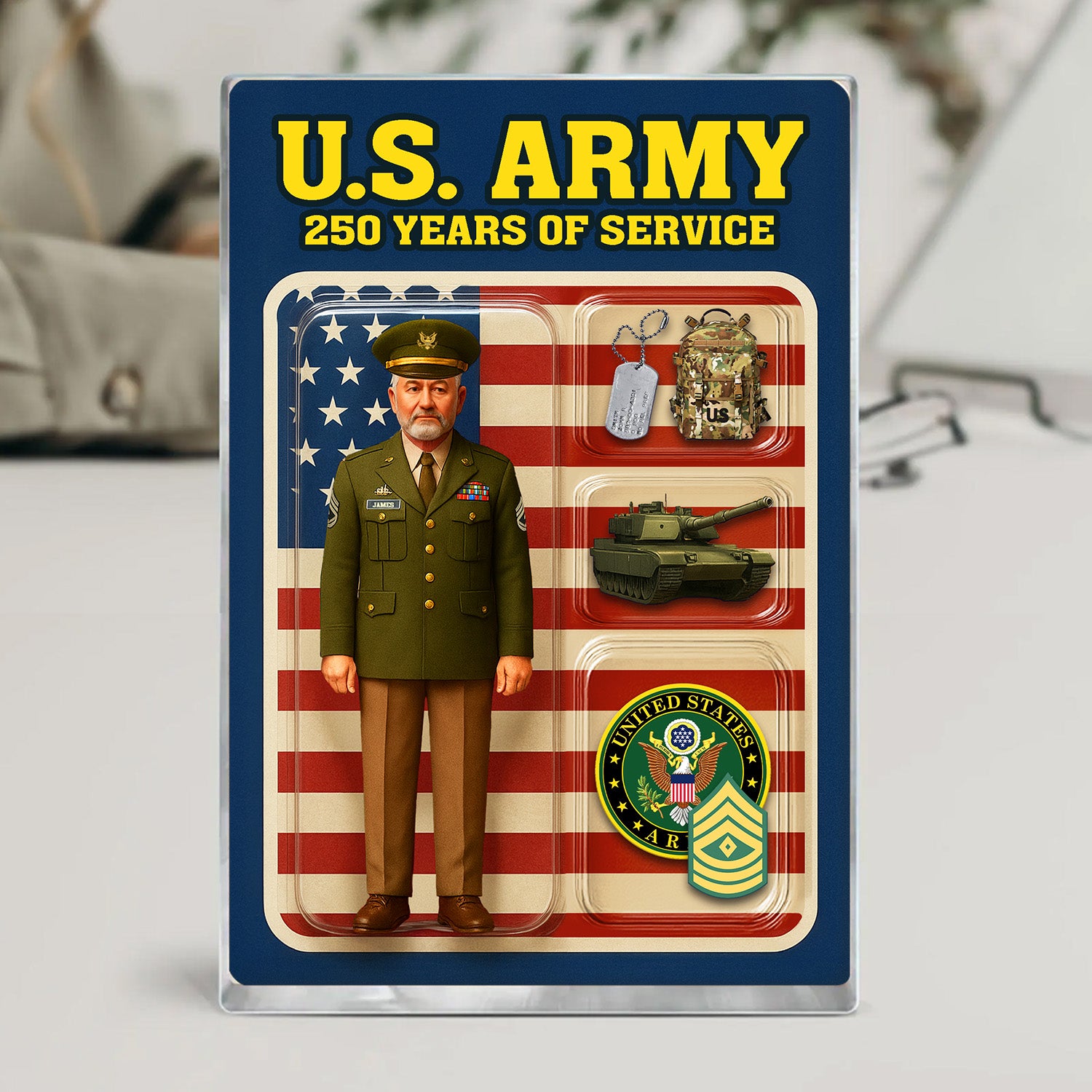 Personalized US Army 250th Years Of Service Custom Figure Army Green Service Uniform Acrylic Block