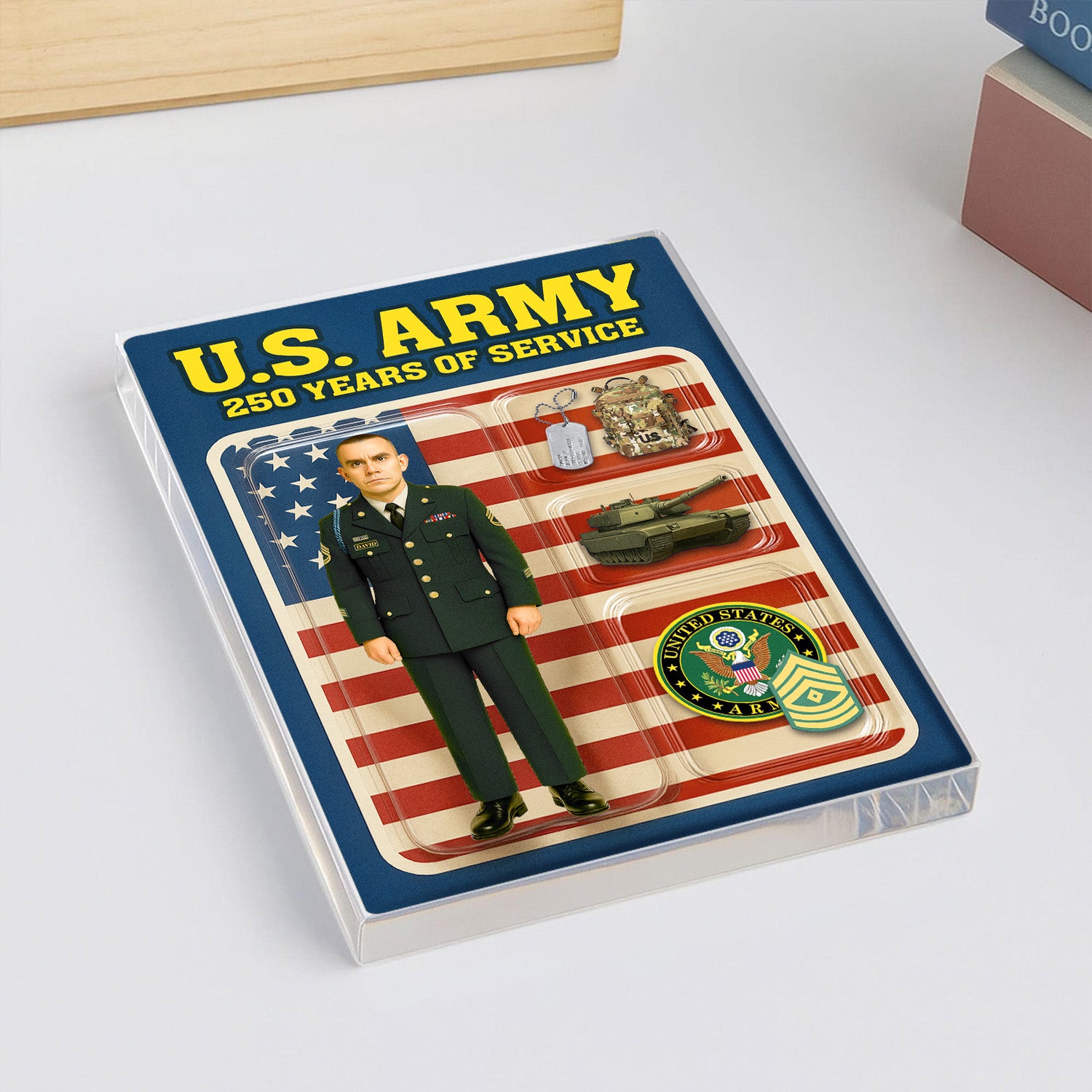 Personalized US Army 250th Years Of Service Custom Figure Male Enlisted Army Green Uniform Acrylic Block
