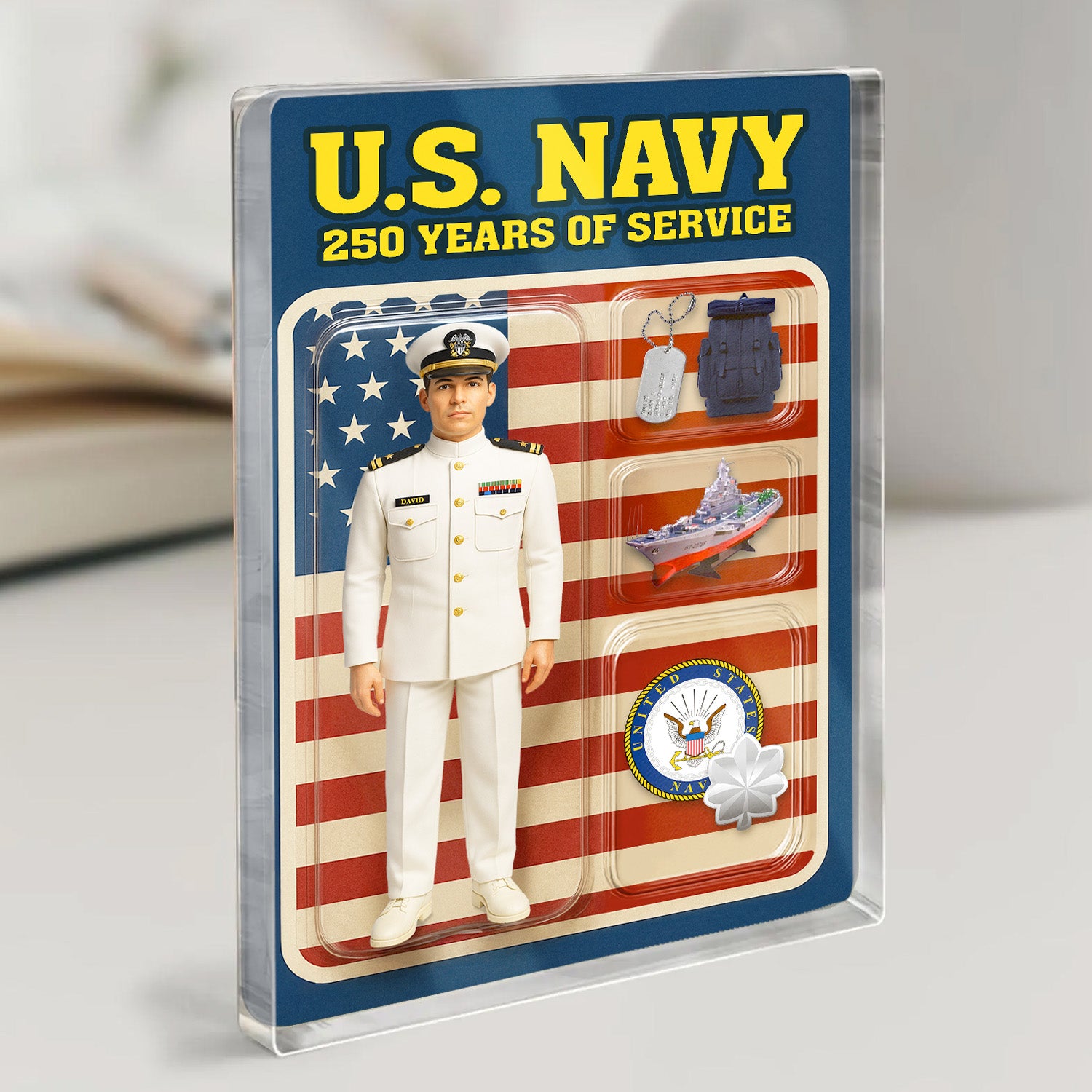 Personalized US Navy 250th Years Of Service Custom Figure Service Dress White Acrylic Block