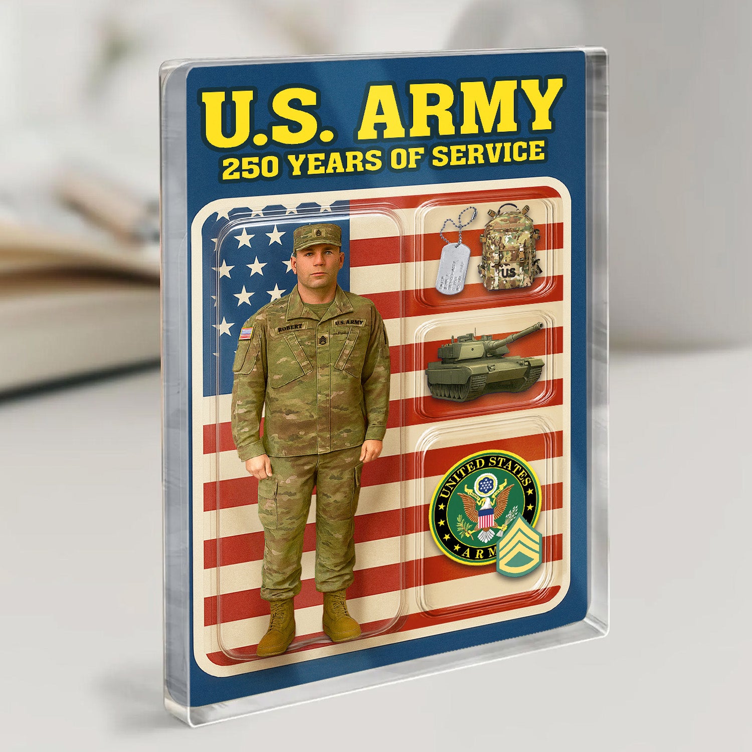 Personalized US Army 250th Years Of Service Custom Figure Army Combat Uniform Acrylic Block