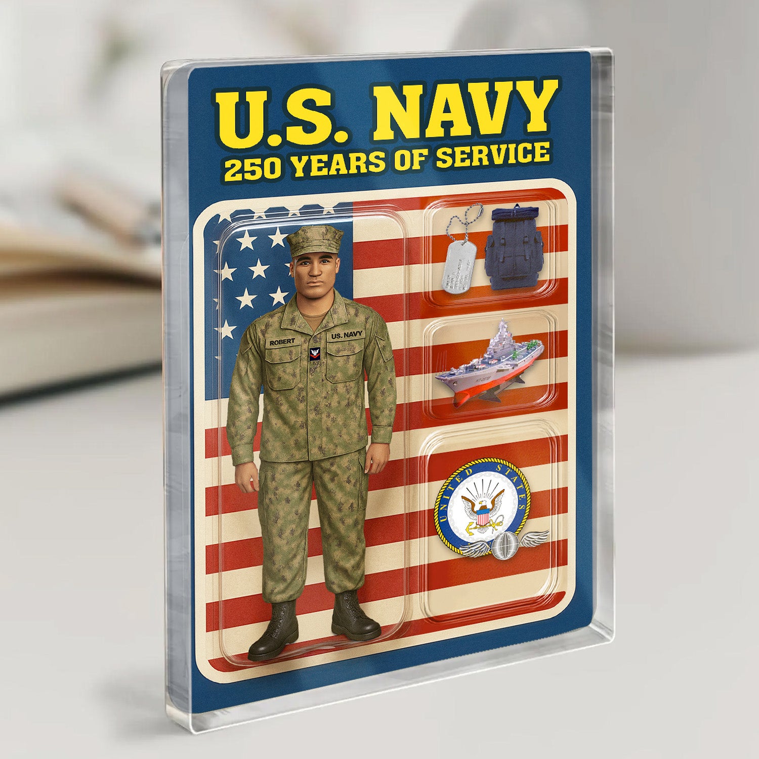 Personalized US Navy 250th Years Of Service Custom Figure Enlisted Working Uniform Acrylic Block