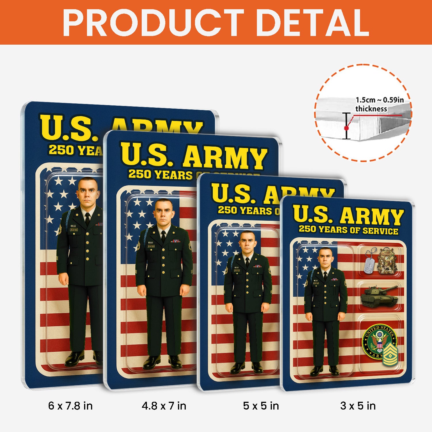 Personalized US Army 250th Years Of Service Custom Figure Male Enlisted Army Green Uniform Acrylic Block