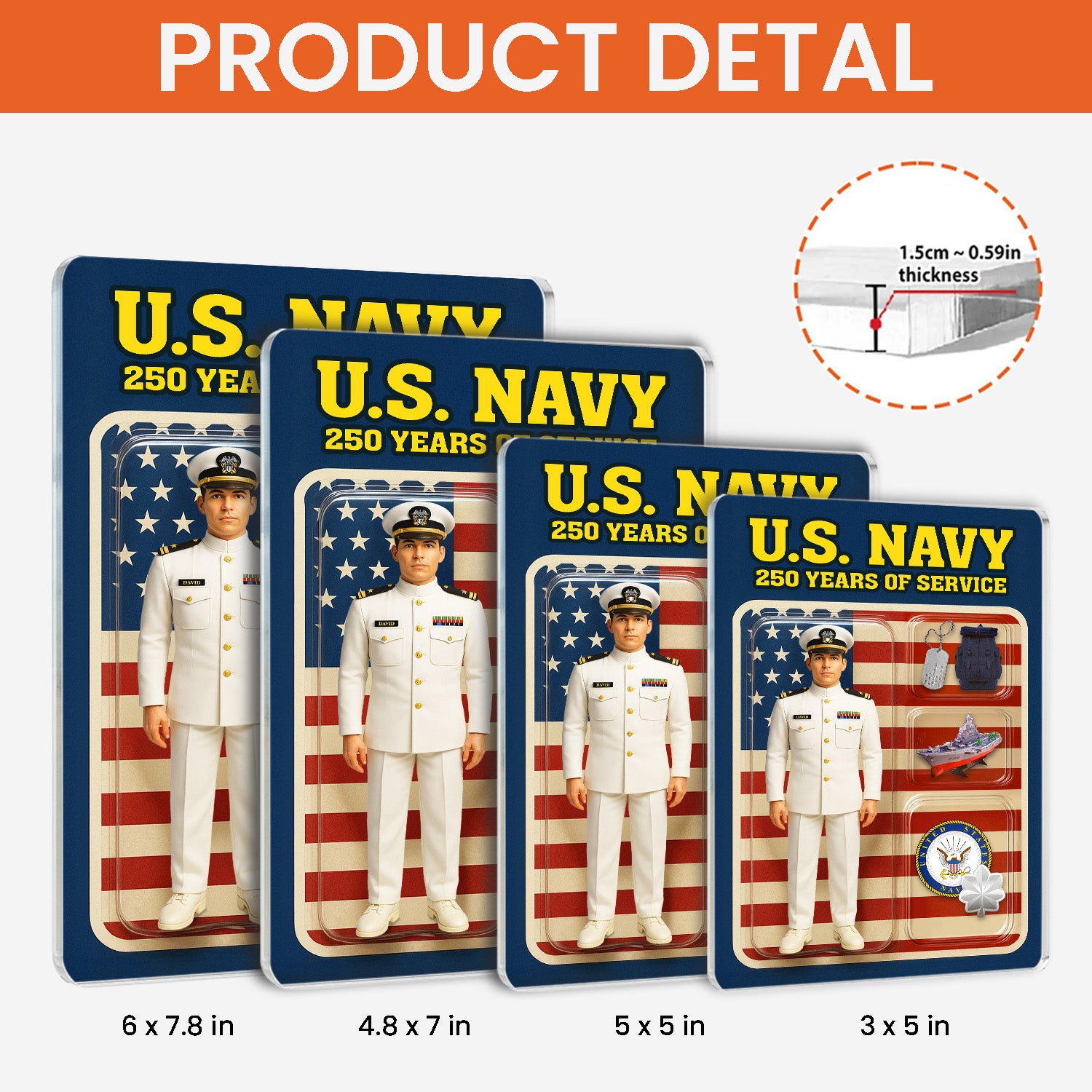 Personalized US Navy 250th Years Of Service Custom Figure Service Dress White Acrylic Block